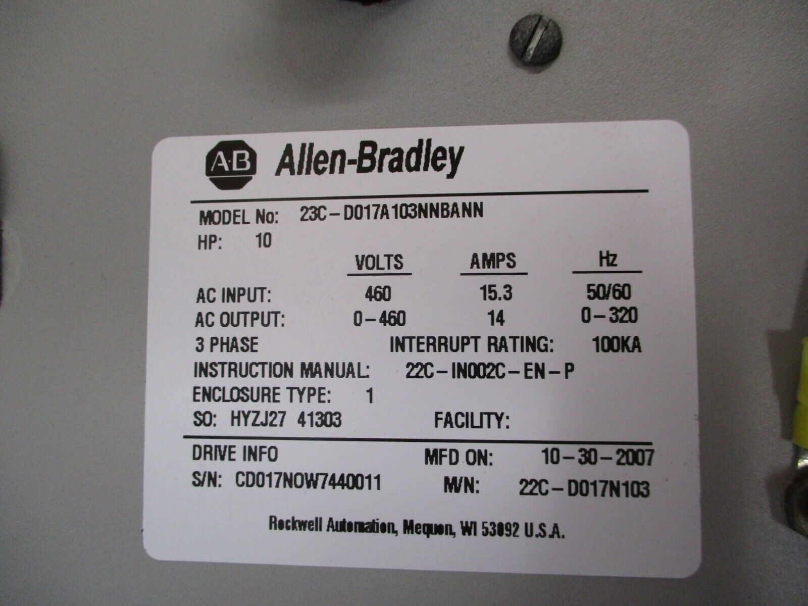 Allen-Bradley PowerFlex 400 AC Drive w/ Bypass 23C-D017A103NNBANN 10HP 3Ph Used