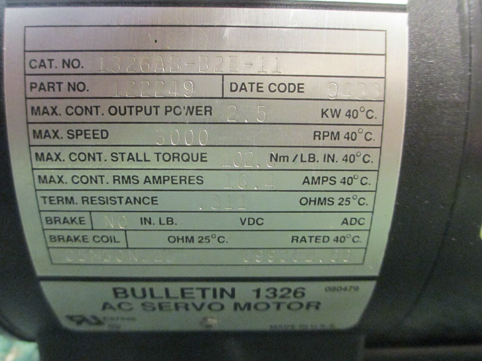 Allen-Bradley 1326 AC Servo Motor 1326AB-B2E-11, w/ Winsmith 926 Gear 926CDT