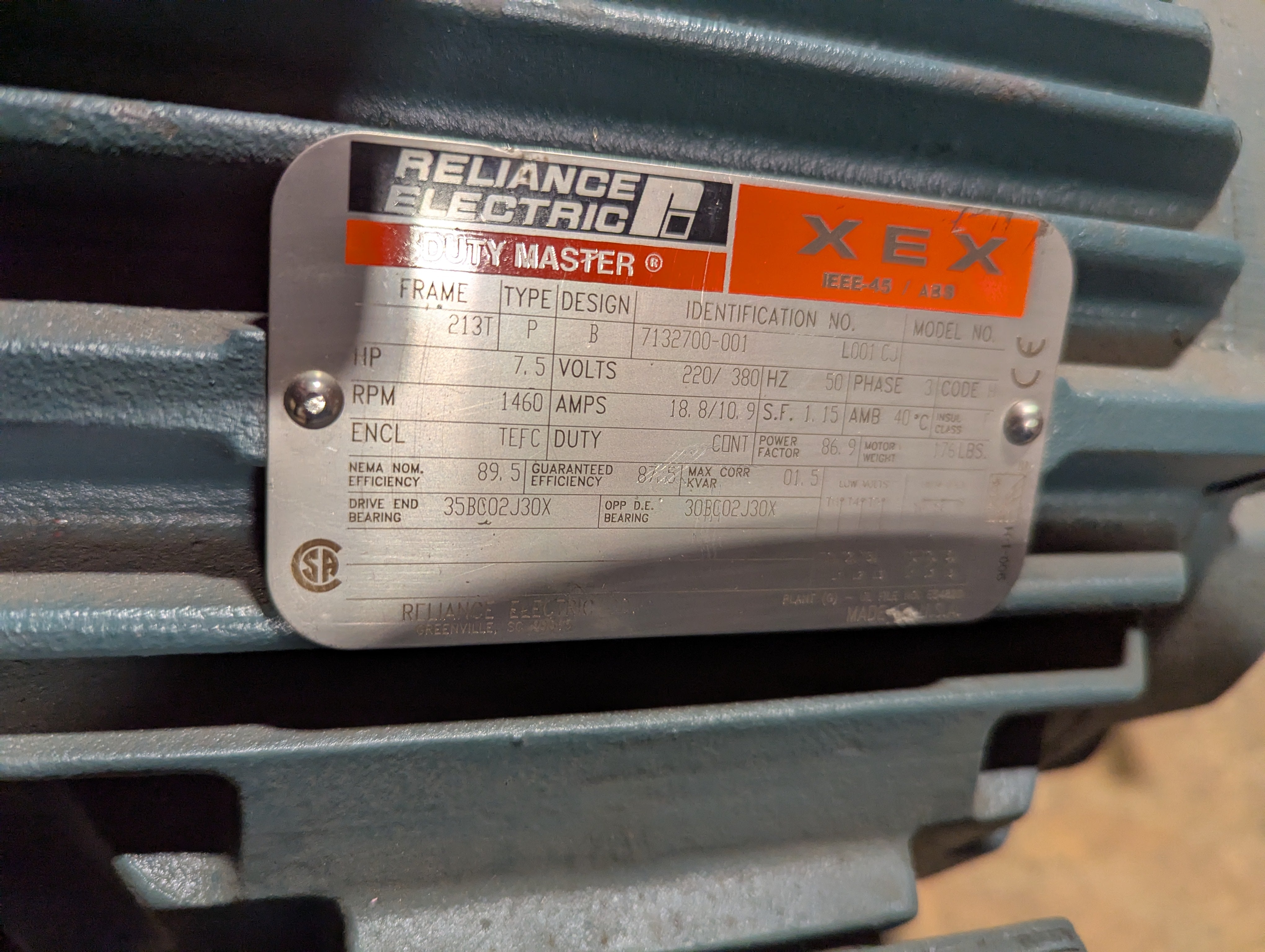 Reliance Electric Motor 7132700-001 L001 CJ 7.5HP 1600RPM 220/380V 18.8/10.9A