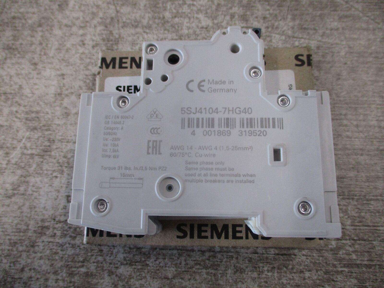 Siemens Circuit Breaker 5SJ4 104-7HG40 4A 240V 1P New Surplus