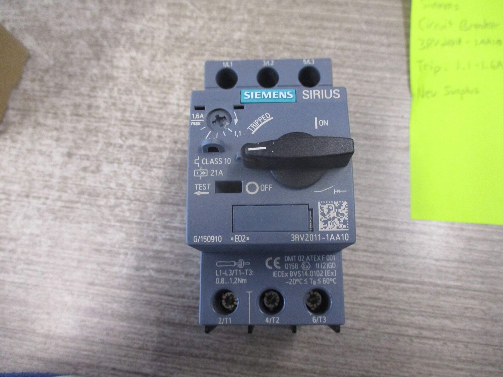 Siemens Circuit Breaker 3RV2011-1AA10 Trip: 1.1-1.6A New Surplus