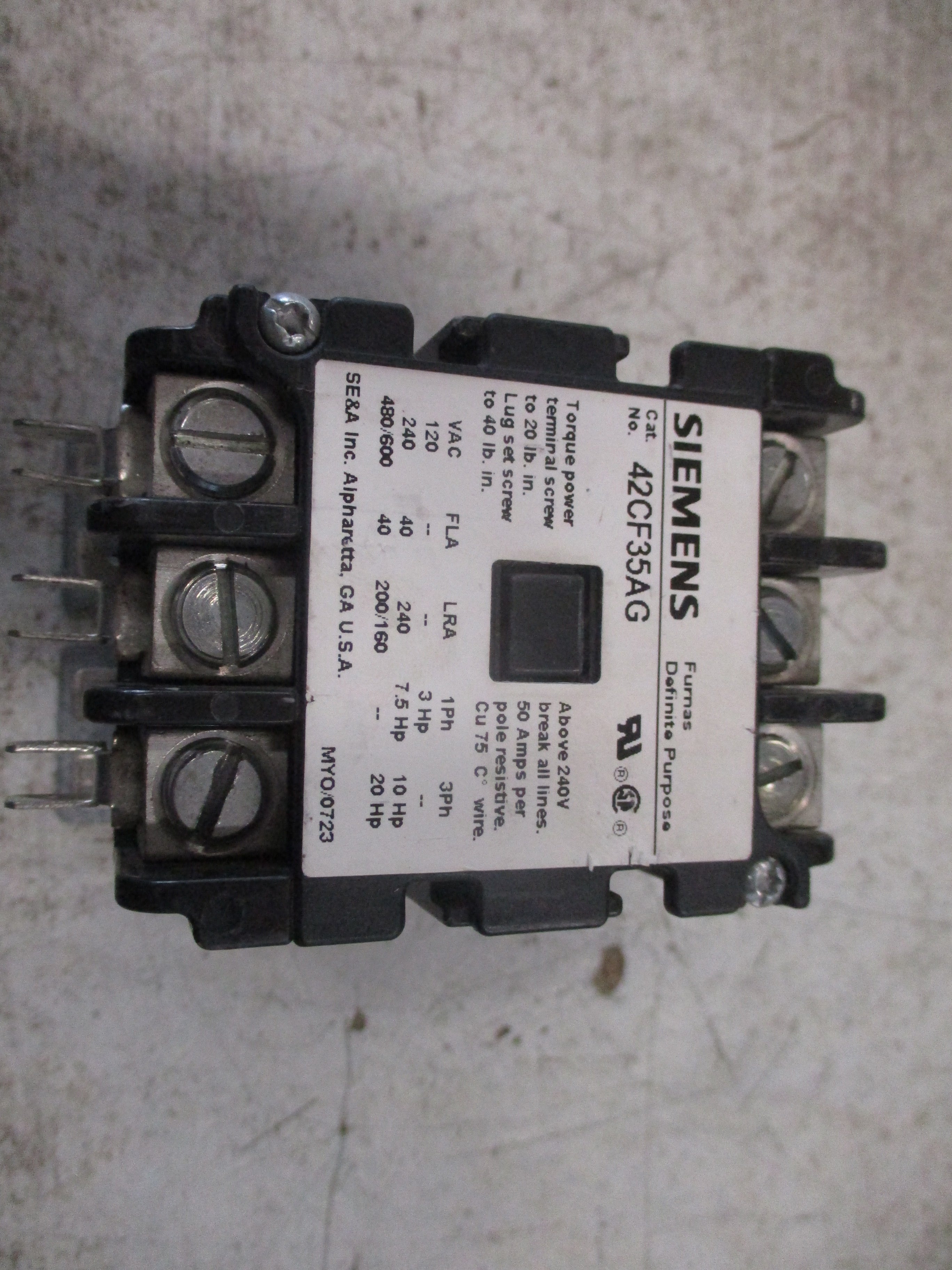 Siemens Furnas Definite Purpose Contactor 42CF35AG 208-240V Coil 40A 600V Used