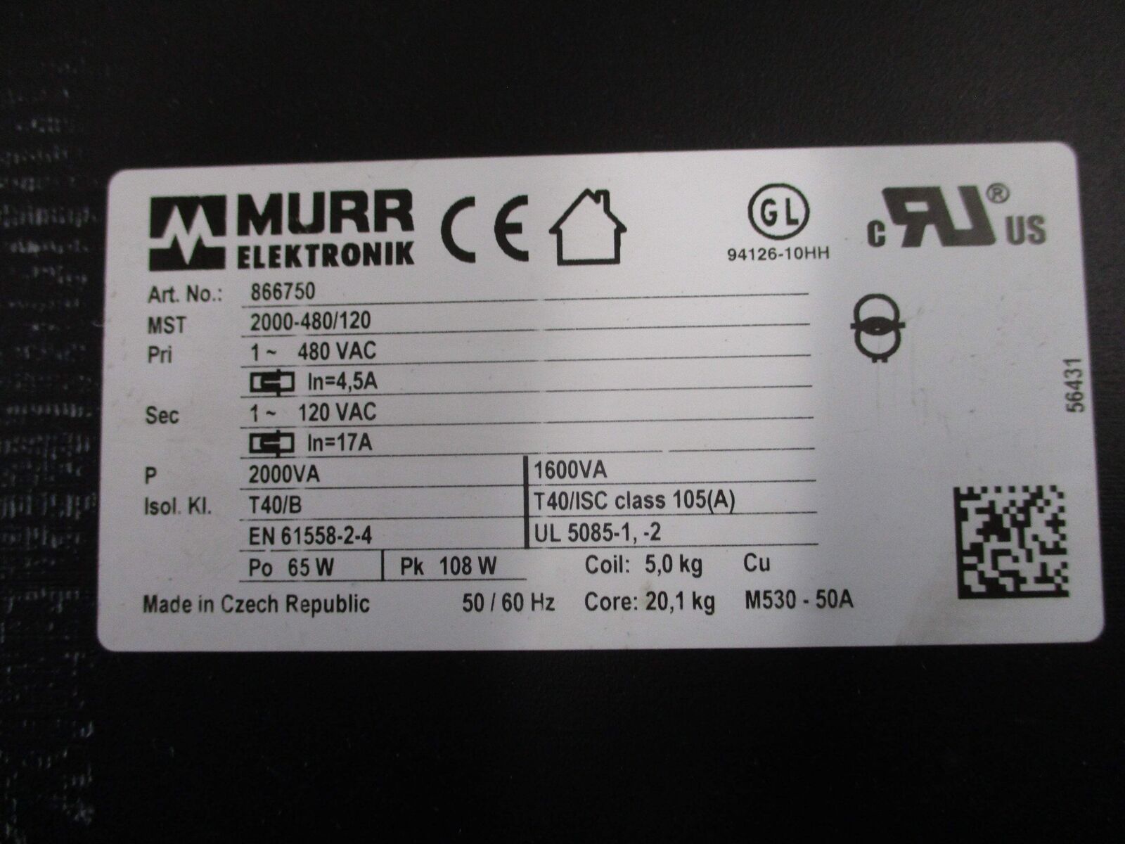 Murr Elektronik Transformer 866750 2000VA Pri: 480V Sec: 120V 1Ph Used