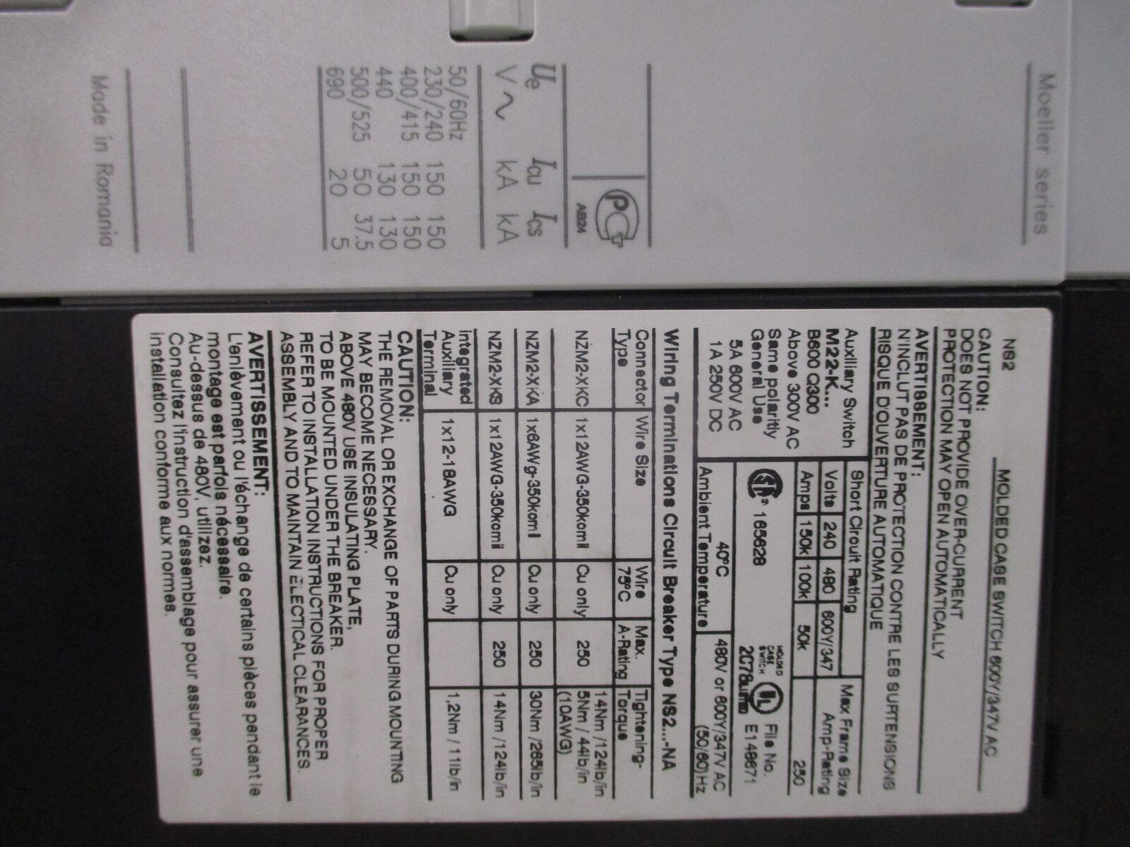 Eaton Moeller Series Circuit Breaker NS2-160-NA 160A 3P New Surplus