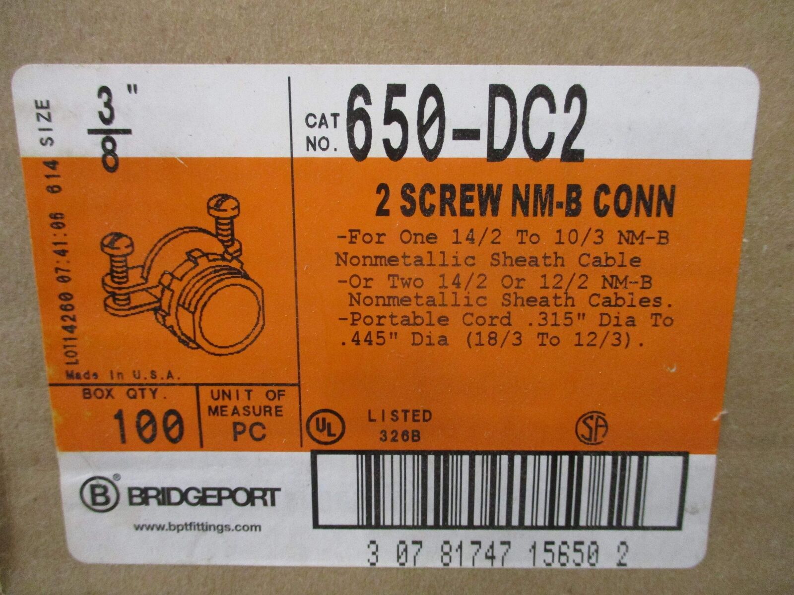 Bridgeport 2-Screw NM-B Cable Connector 650-DC2 3/8" * Box Of 100 * New Surplus