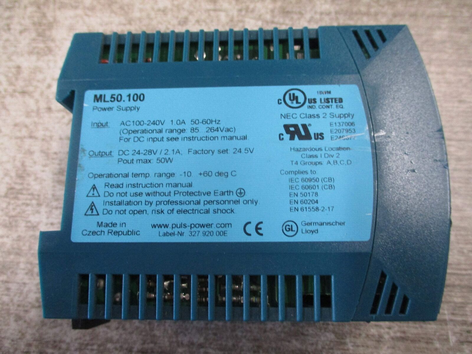 Puls Power Supply ML50.100 50W Input: 100-240VAC / 1A / 50-60Hz Output: 24-28VDC