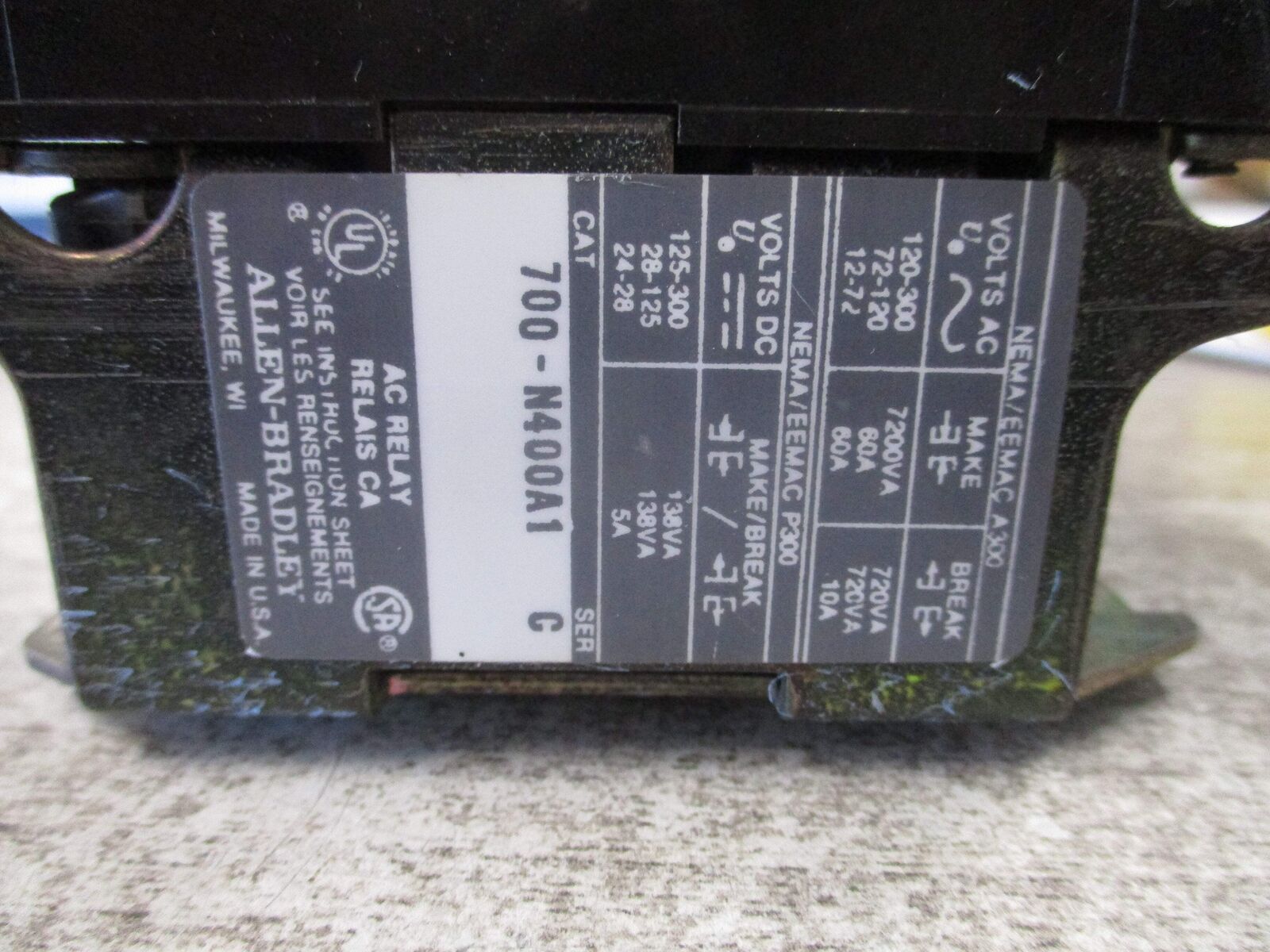 Allen-Bradley Type N Relay 700-N400A1 Ser. C 120V Coil Used