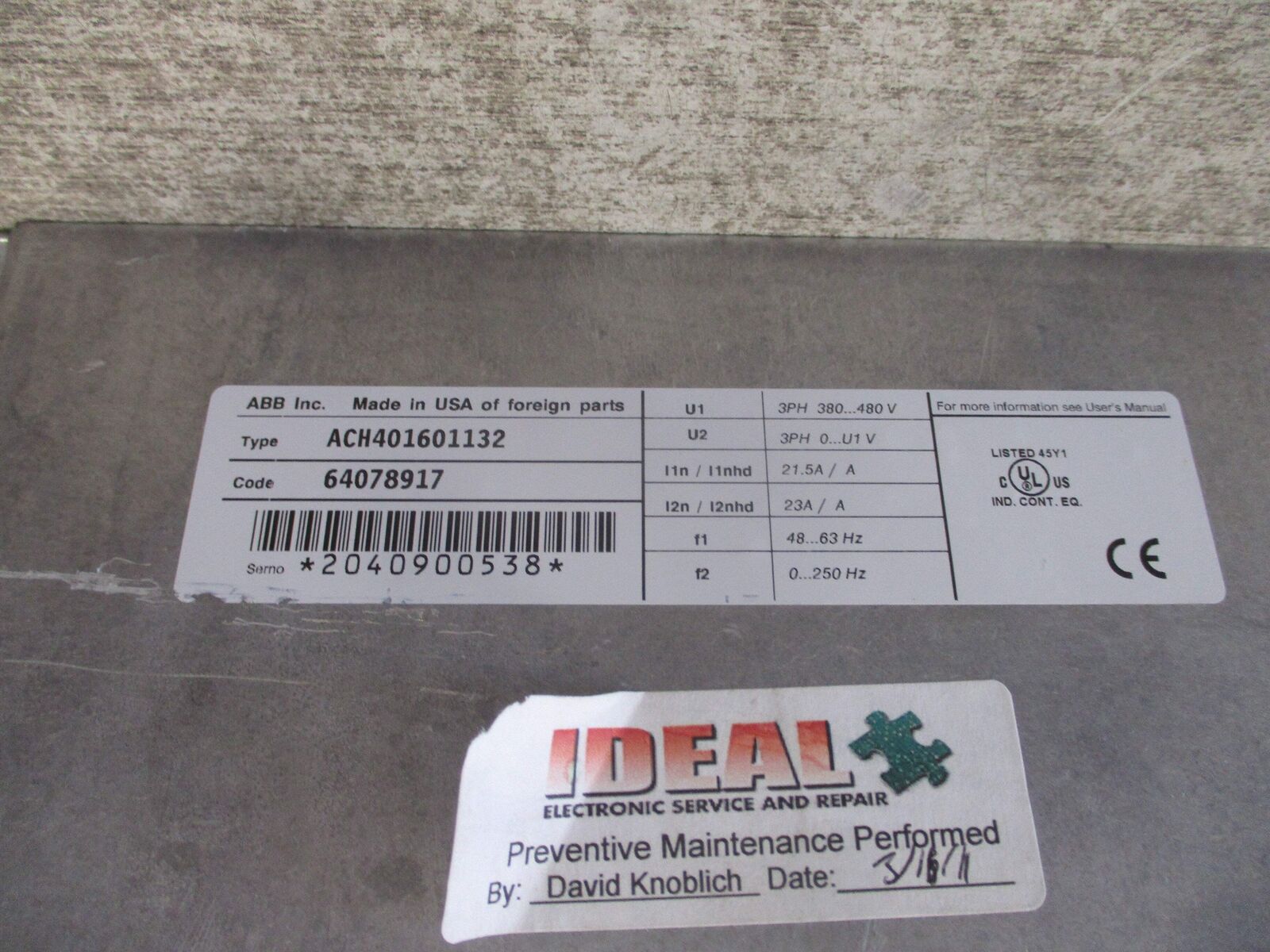 ABB ACH401 AC Drive ACH401601132 15HP 3Ph Input: 3PH / 380-480V / 21.5A/A / 48-6