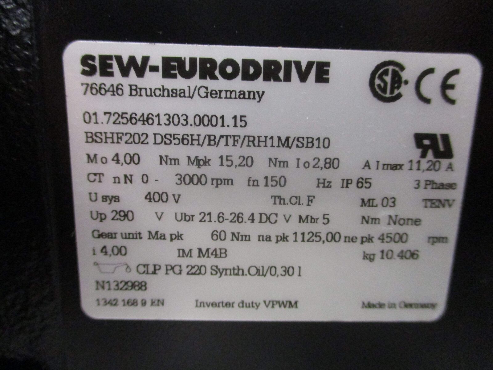 Sew-Eurodrive DC Servo Gearmotor BSHF202 DS56H/B/TF/RH1M/SB10 3000RPM Ratio 4:1