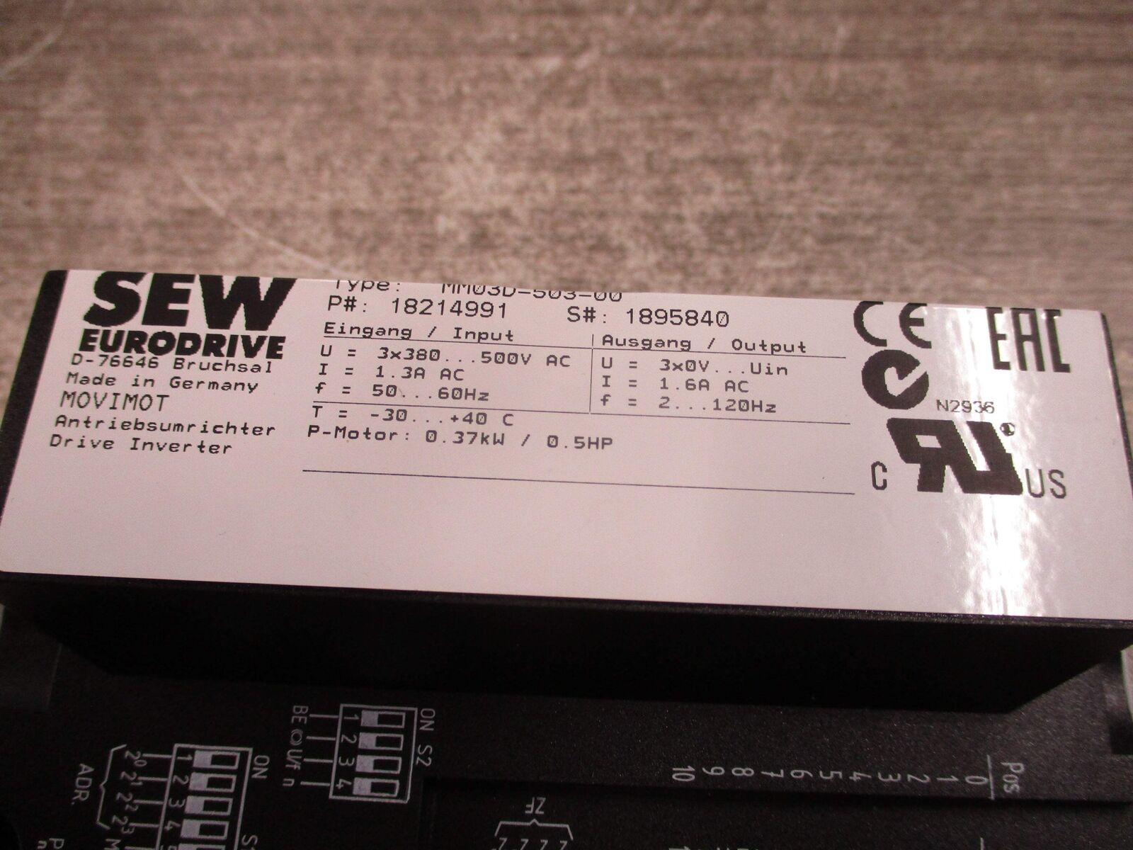 Sew-Eurodrive MM03D-503-00 AC Drive 18214991 0.5HP 3Ph Input: 3x380-500VAC / 1.3