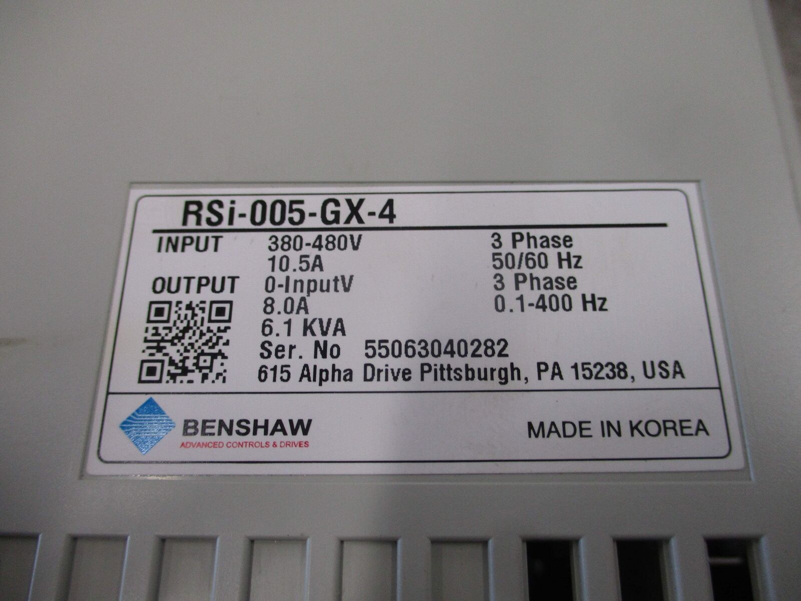 Benshaw AC Drive RSi-005-GX-4 5HP 3Ph Input: 380-480V / 3PH / 10.5A / 50/60Hz Ou