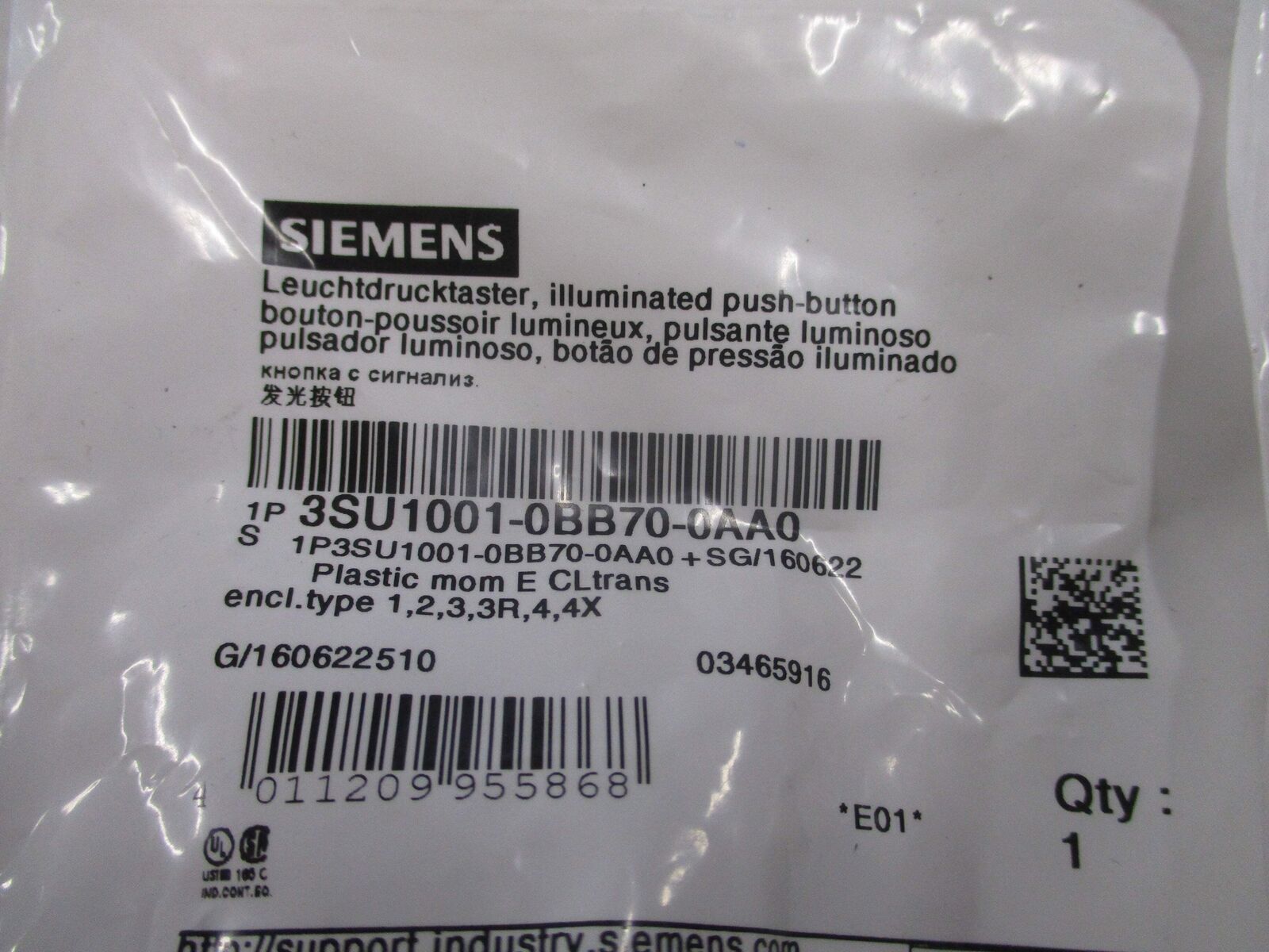 Siemens Illuminated Pushbutton 3SU1001-0BB70-0AA0 Type 3R/4X Enclosure White * L