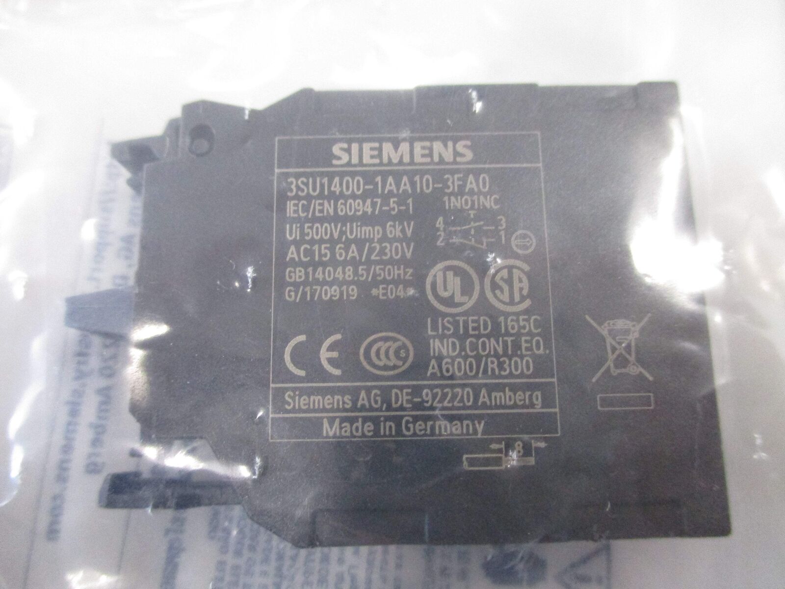 Siemens Contact Module 3SU1400-1AA10-3FA0 1 N.O. 1 N.C. New Surplus