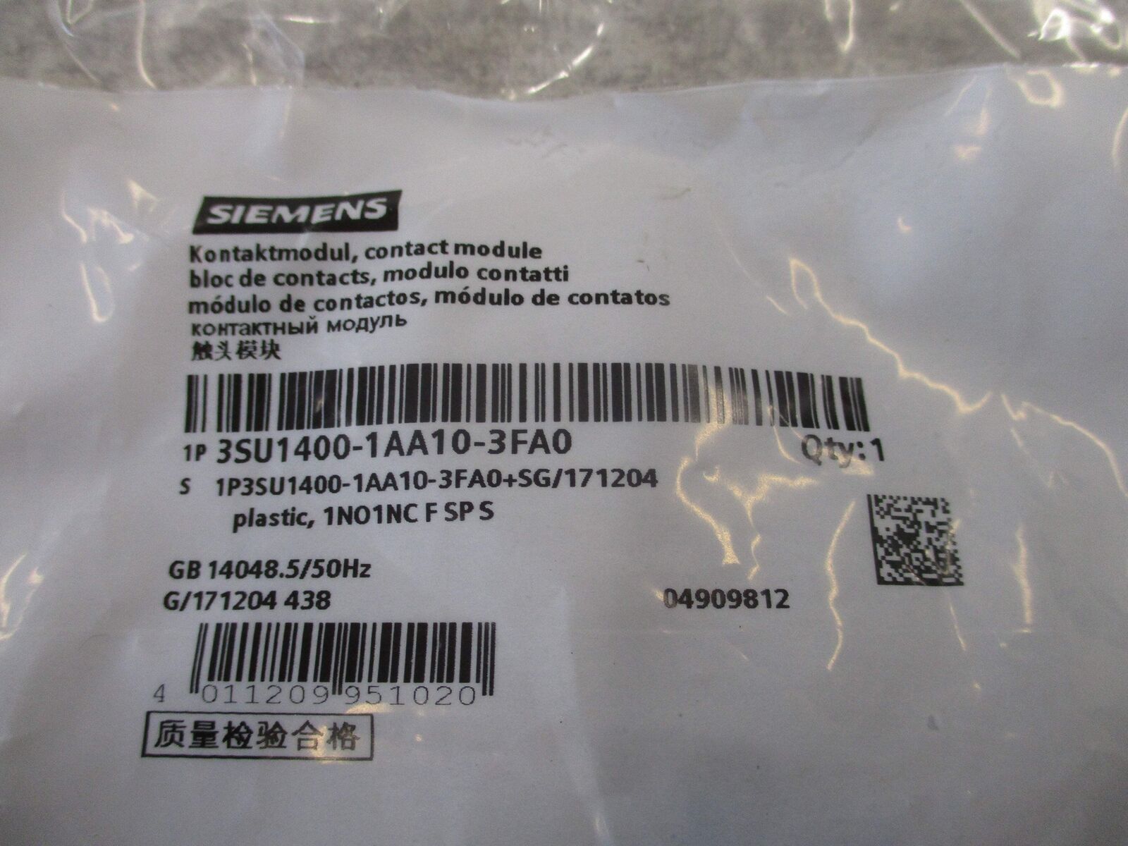 Siemens Contact Module 3SU1400-1AA10-3FA0 1 N.O. 1 N.C. New Surplus