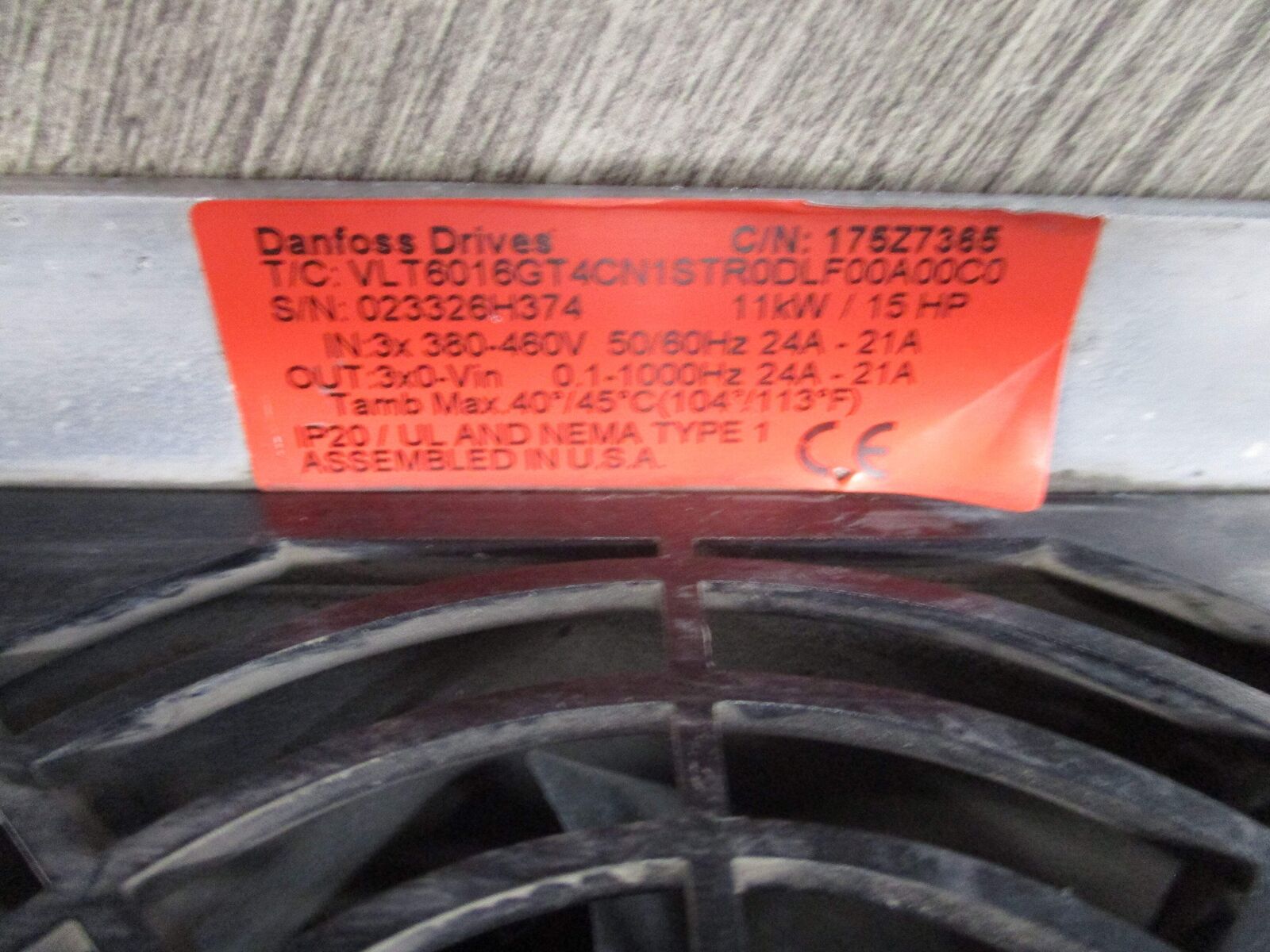 Danfoss VLT 6016 AC Drive 175Z7365 15HP Input: 3x 380-460V 50/60Hz 24.0A Output: