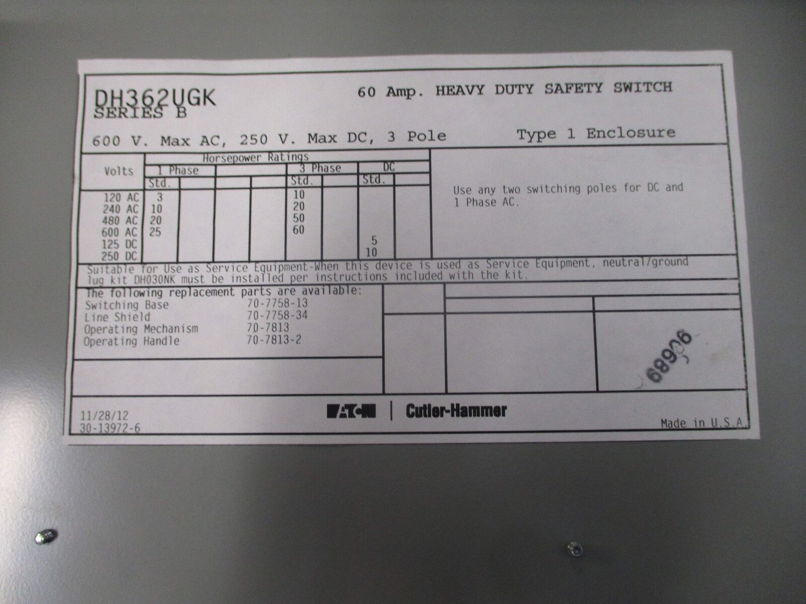 Eaton Fusible Safety Switch/Disconnect DH362UGK Ser. B 60A 600V 3P Used