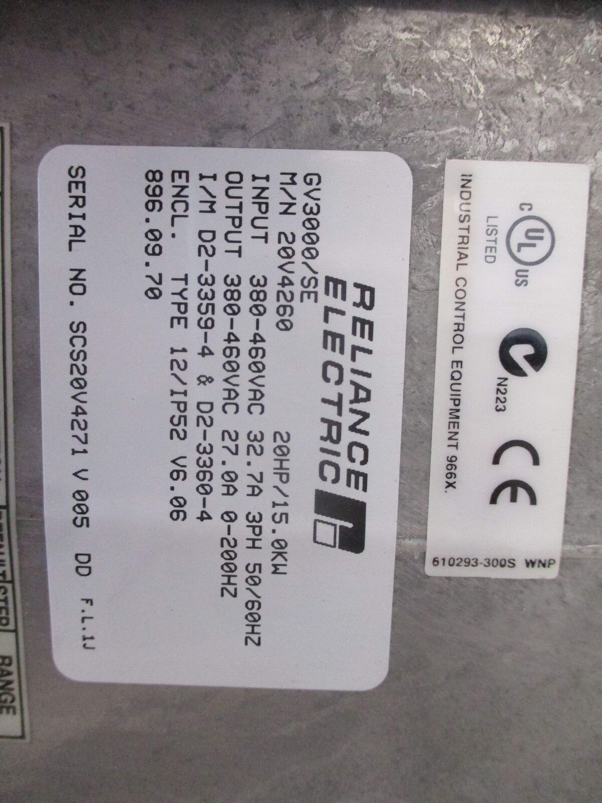 Reliance VTAC7 GV 3000/SE AC Drive 20V4260 20HP 3Ph Input: 380-460VAC 32.7A 3PH