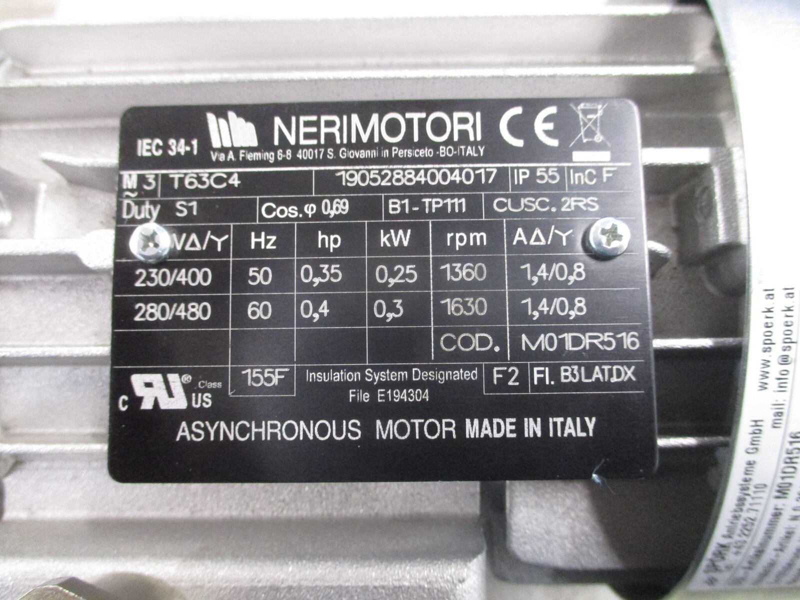 NERIMOTORI Motor T63C4 280/480V 60Hz 0.4HP 0.3kW 1800 RPM 1.4/0.8A Used