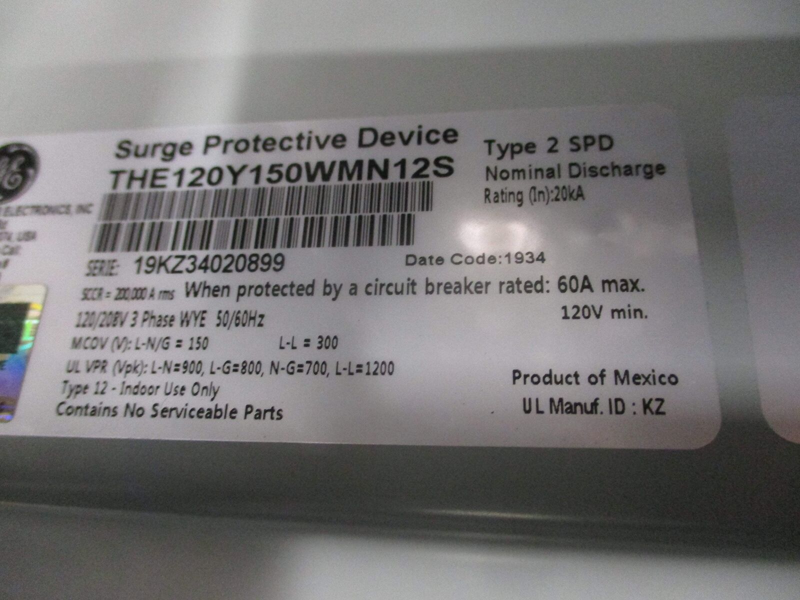 GE Surge Protective Device THE120Y150WMN12S 120/208V 3Ph 50/60Hz MCOV: L-N/G 150