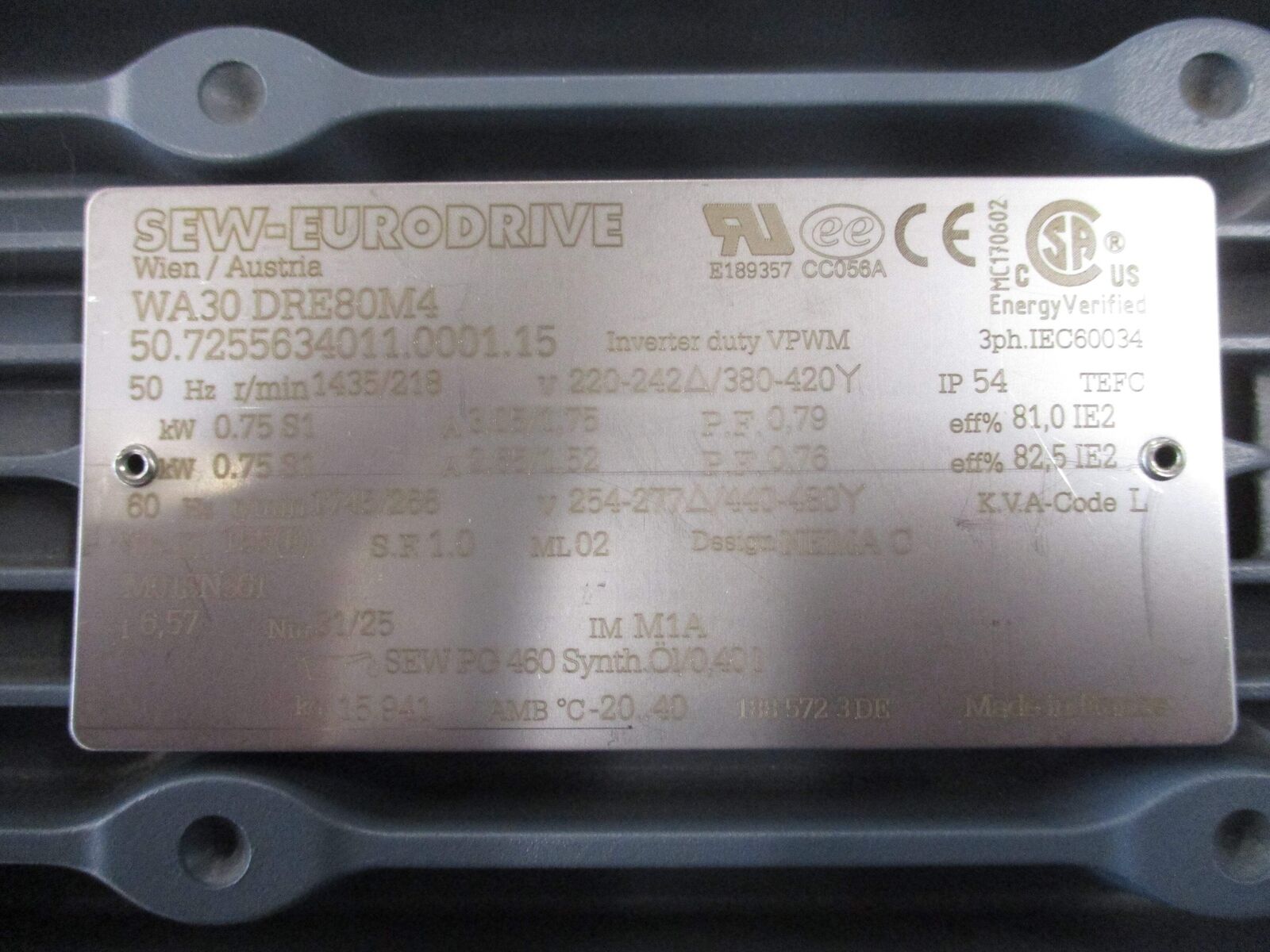 Sew-Eurodrive Gearmotor WA30 DRE80M4/M0 1SN361 1HP Ratio 6.57:1 266RPM Output Ne