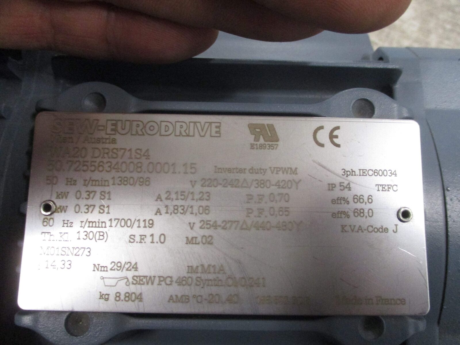 Sew-Eurodrive Gearmotor WA20 DRS71S4/M0 1SN273 0.5HP Ratio 14.33:1 96RPM Output