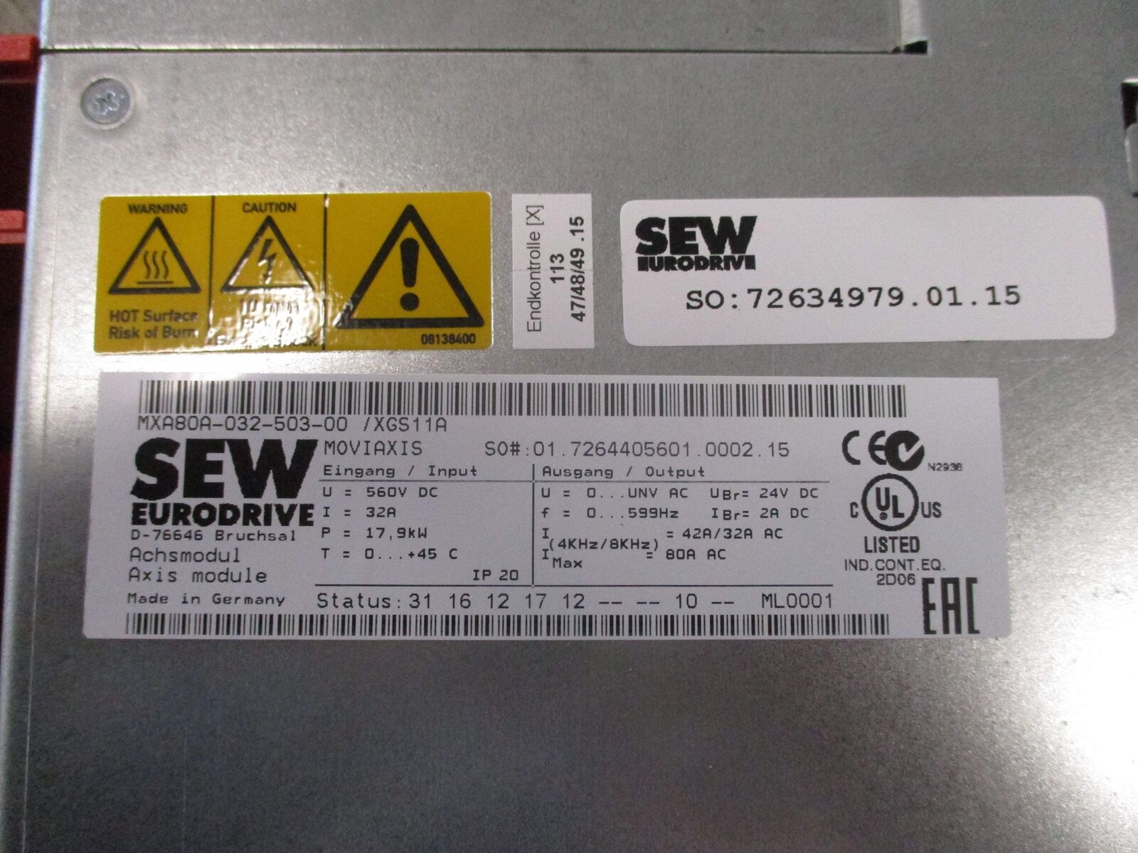 Sew-Eurodrive Moviaxis Servo Drive Axis Module MXA80A-032-503-00/XGS11A 22kW Inp