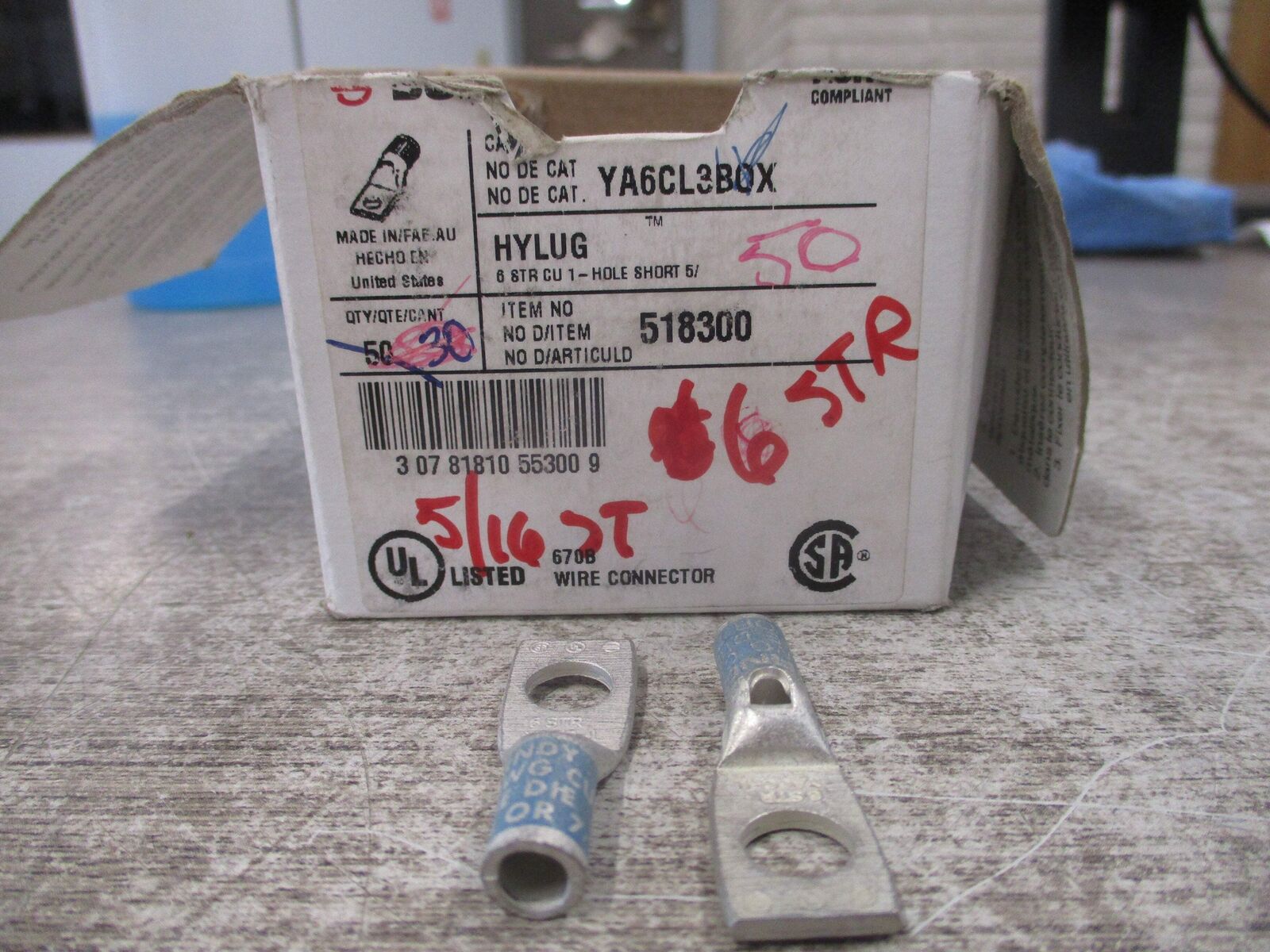 Burndy Hylug Crimp Lug YA6CL3BOX 1-Hole 6 STR * Box of 47 * New Surplus