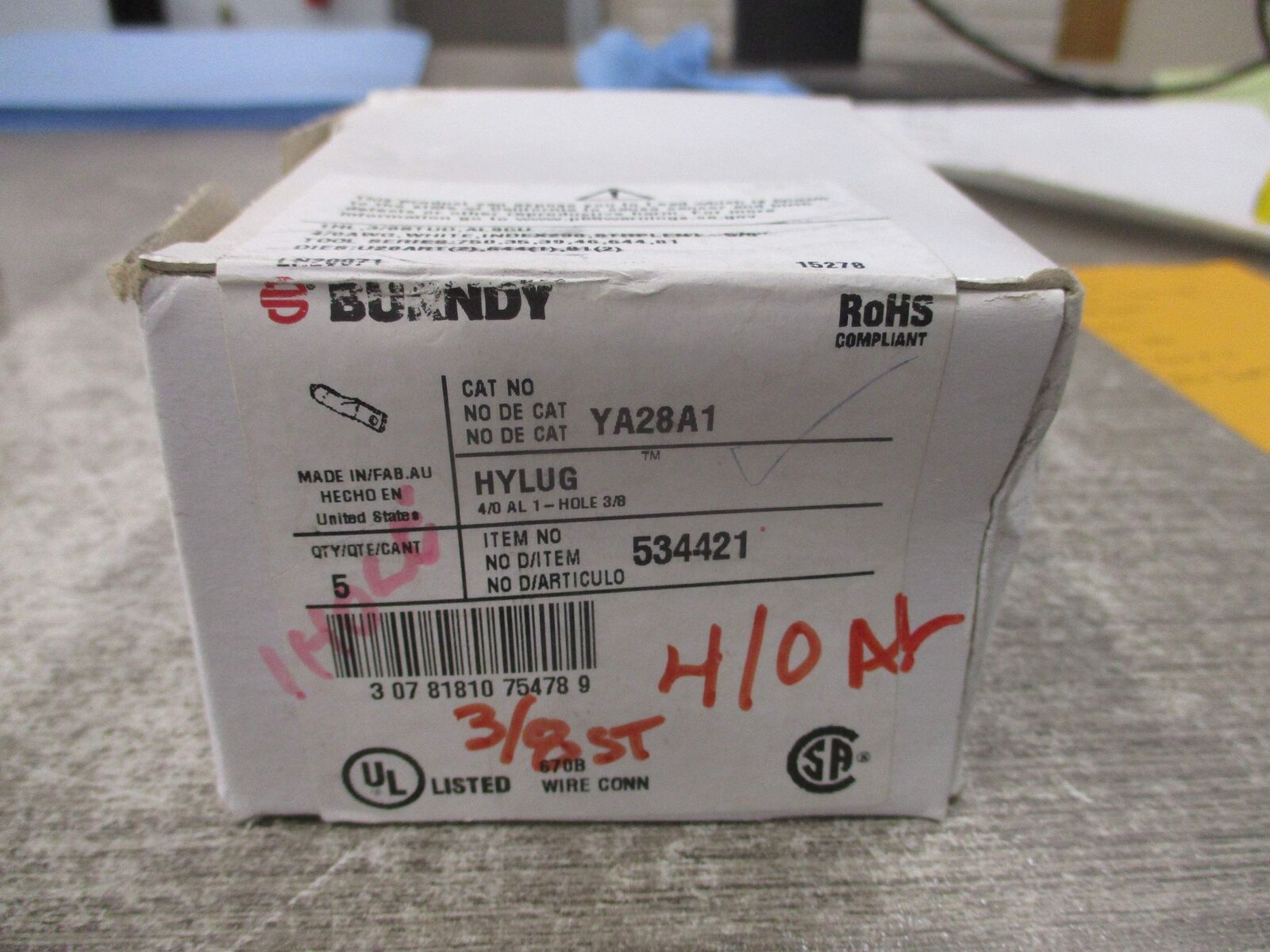 Burndy Hylug Crimp Lug YA28A1 4/0 1-Hole * Box of 5 * New Surplus