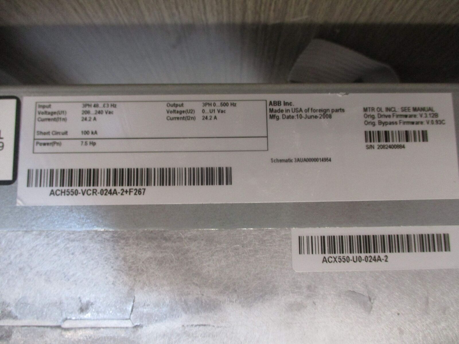 ABB ACH550 AC Drive W/Bypass ACH550-VCR-024A-2+F267 7.5HP 3Ph Input: 3PH 48-63Hz