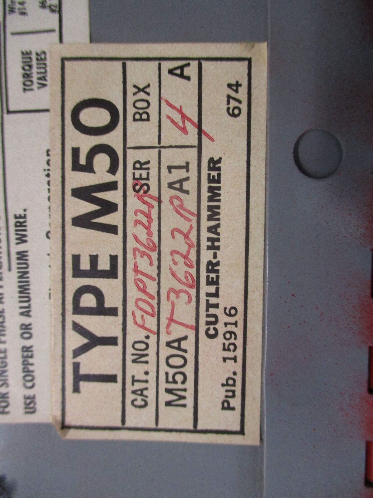 Cutler-Hammer Type M50 Dual Panelboard Switch FDPT3622R 60A 600V 3P W/Mounting H