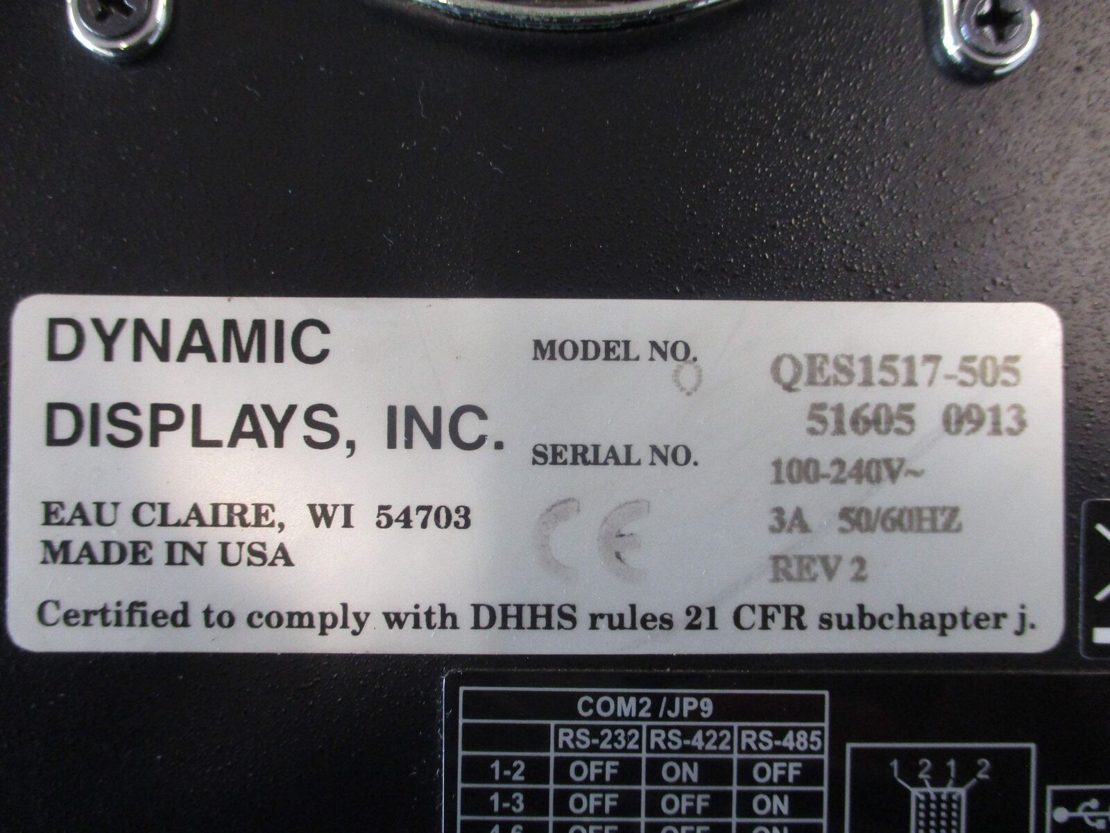 Dynamic Displays,Inc. Industrial Panel PC QES1517-505 Rev. 2 17" 100-240V 3A 50/