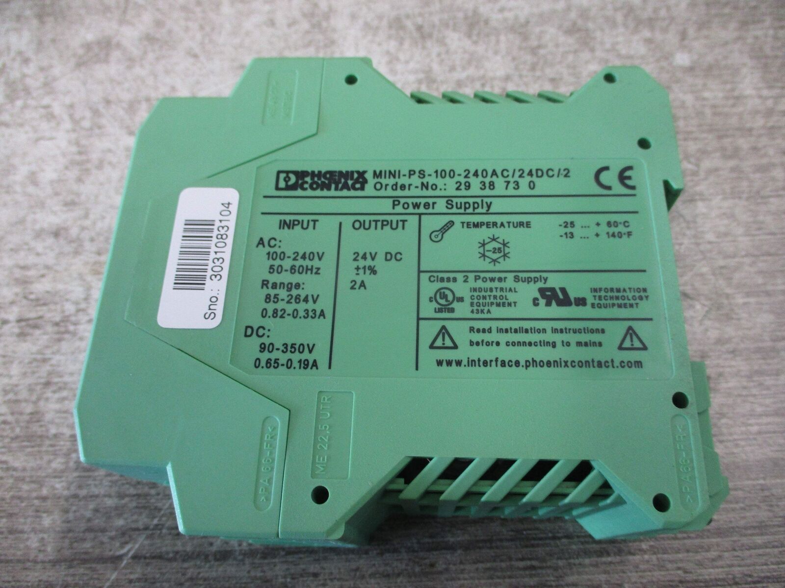 Phoenix Contact Power Supply 2938730 MINI-PS-100-240AC / 24DC / 2 Input: AC: 100