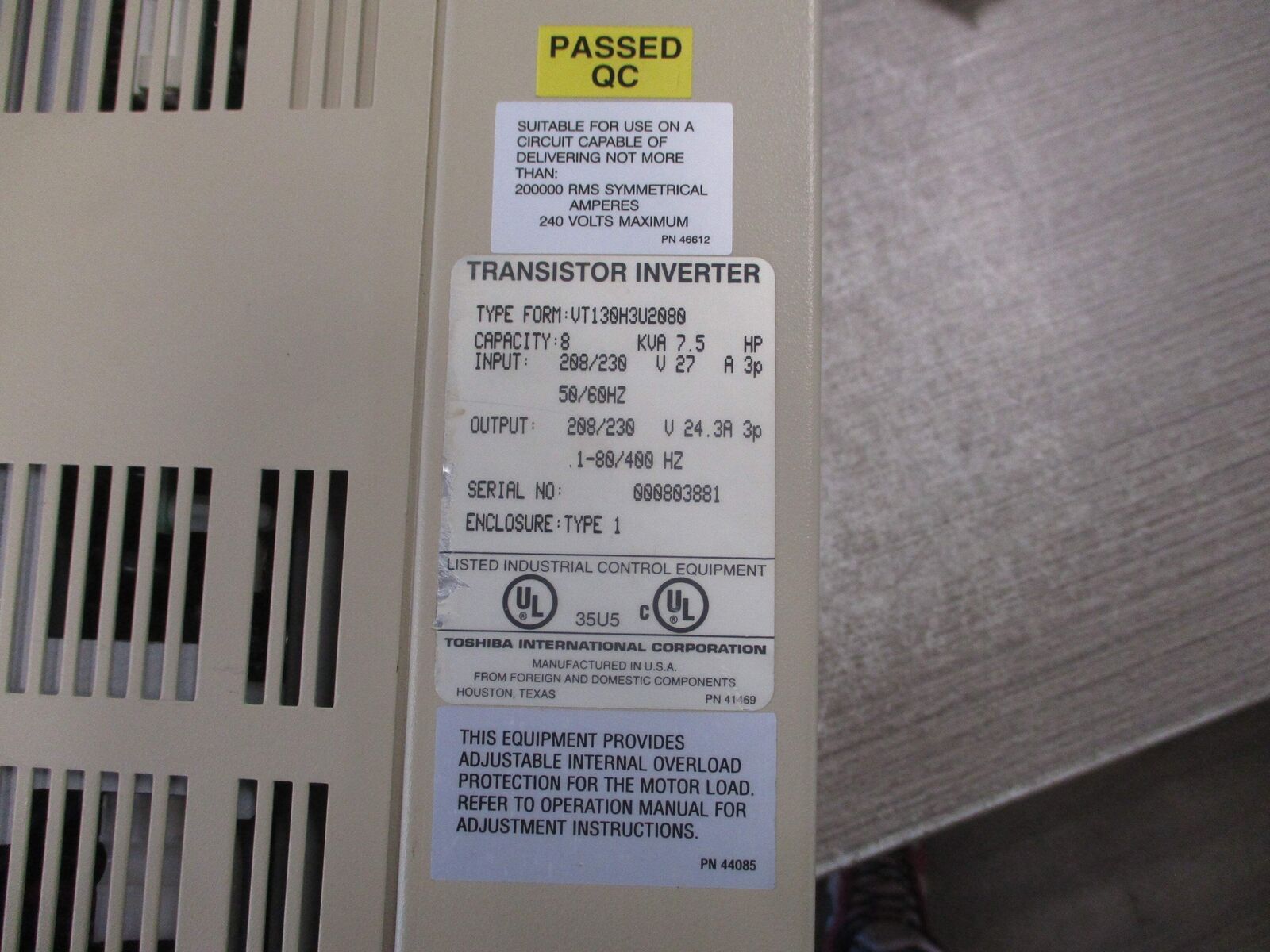 Toshiba H3 AC Drive VT130H3U2080 7.5HP 3Ph Input: 208/230V 27A 3P 50/60Hz Output