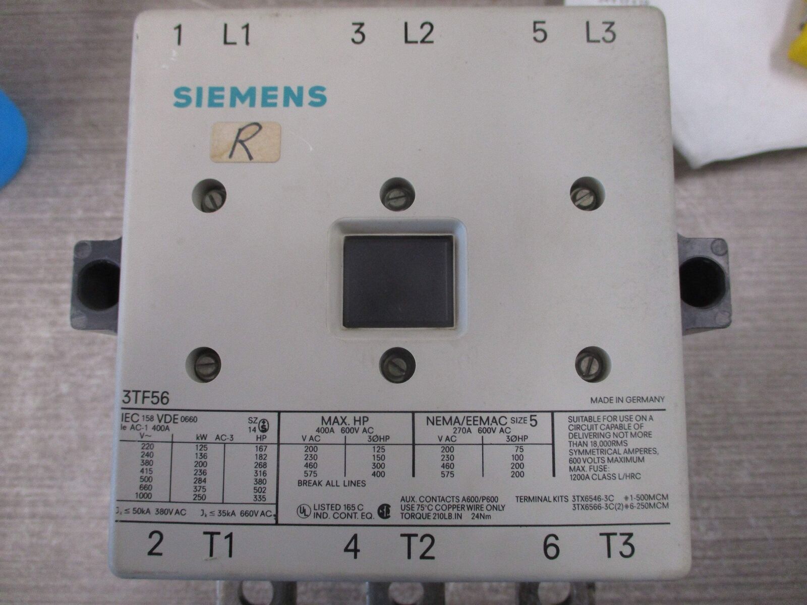 Siemens Size 5 Contactor 3TF56 460V Coil 270A 600V Used
