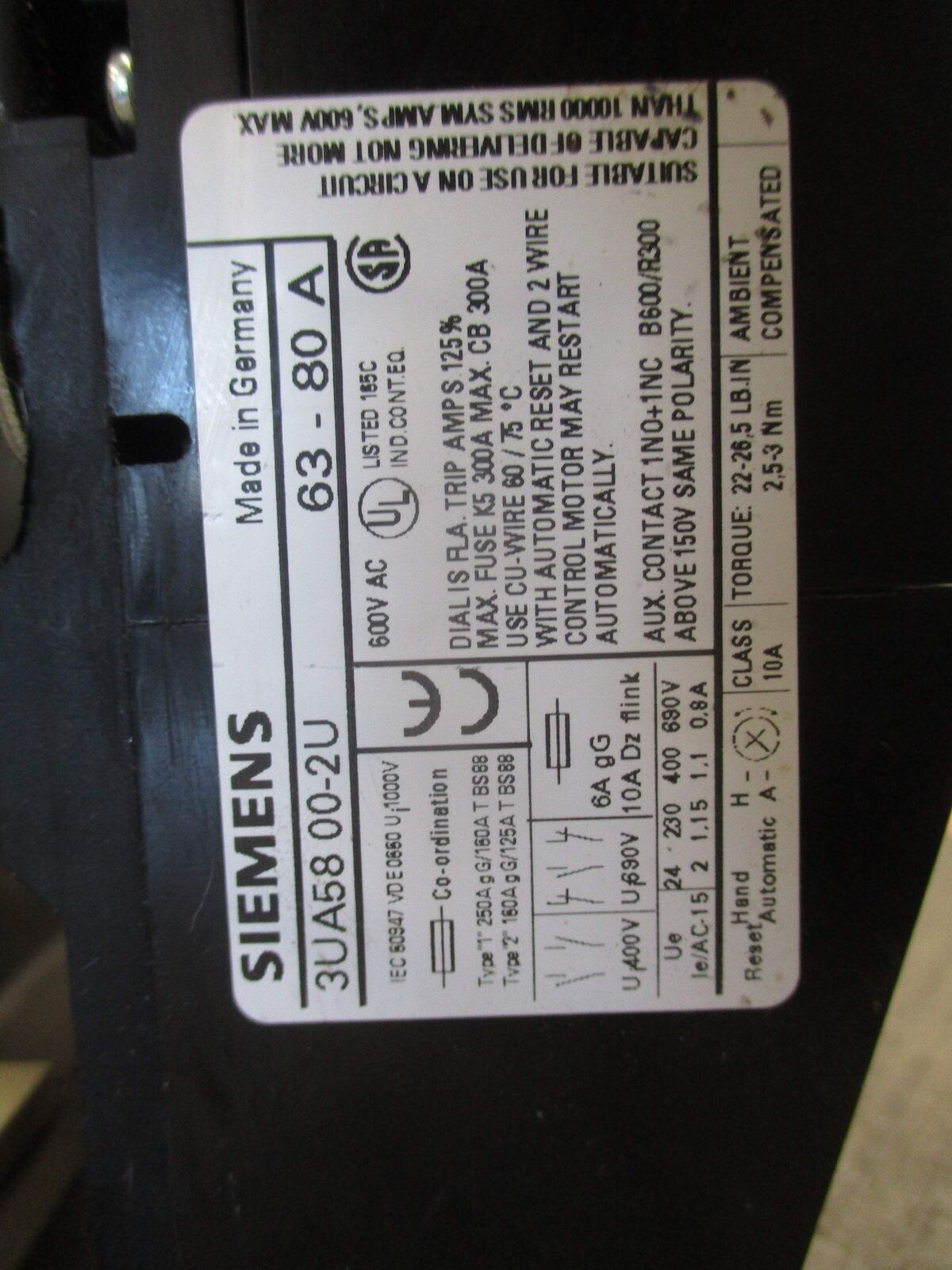 Siemens Size 3 Starter CXL 30*3/3UA58 00-2U 120V Coil Trip: 63-80A Used