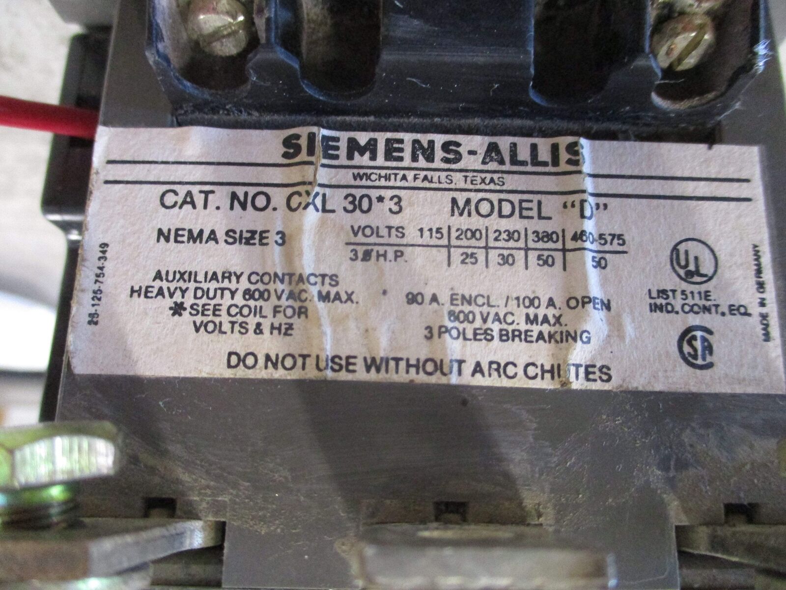 Siemens Size 3 Contactor CXL 30*3 120V Coil 100A 600V 3P Used