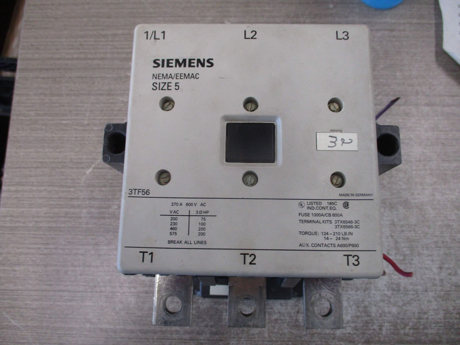 Siemens Size 5 Contactor 3TF56 460V Coil 270A 600V Used