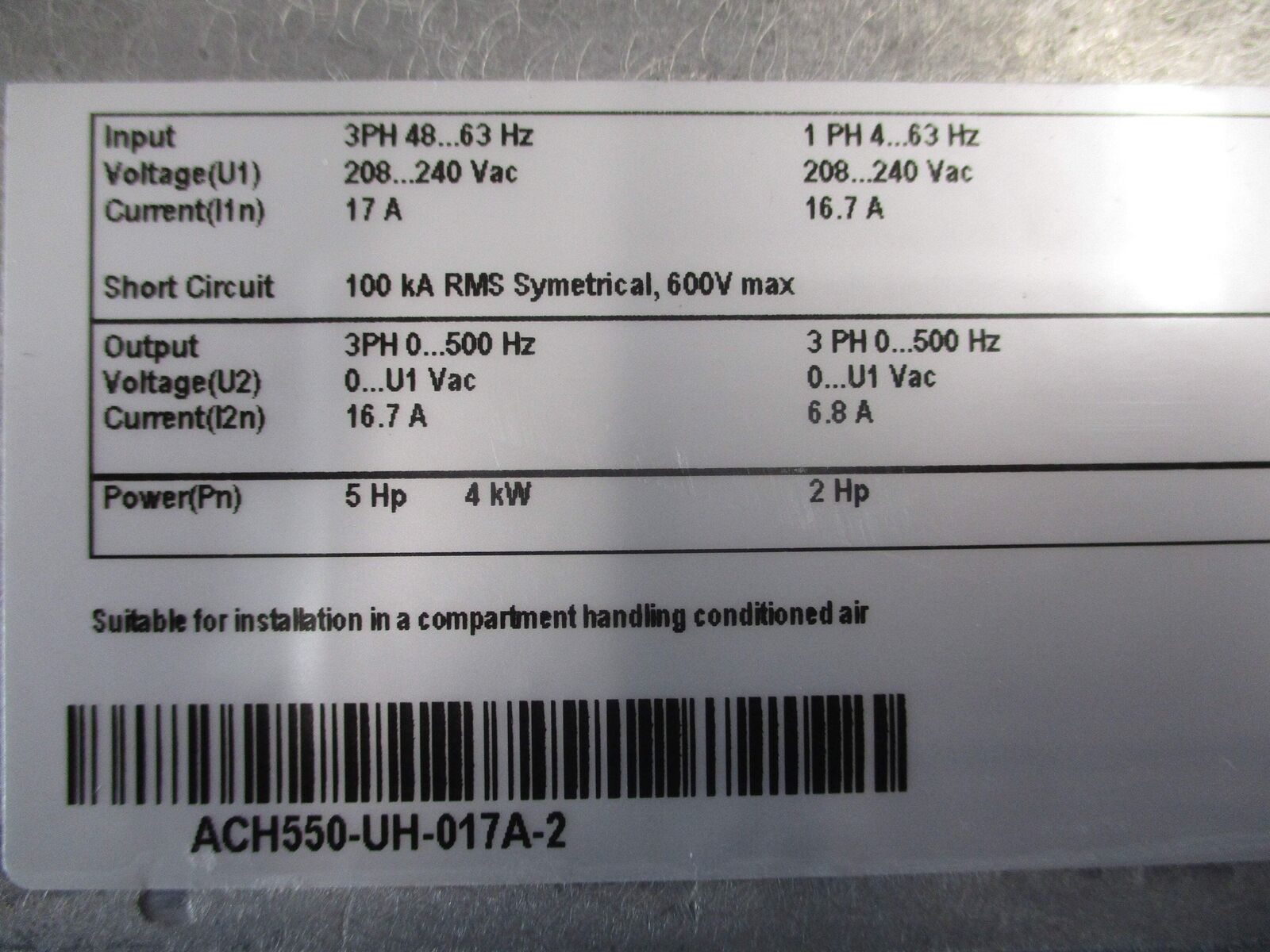 ABB ACH550 AC Drive ACH550-UH-017A-2 5HP/2HP Input: 3PH 48-63HZ 208-240VAC 17A /