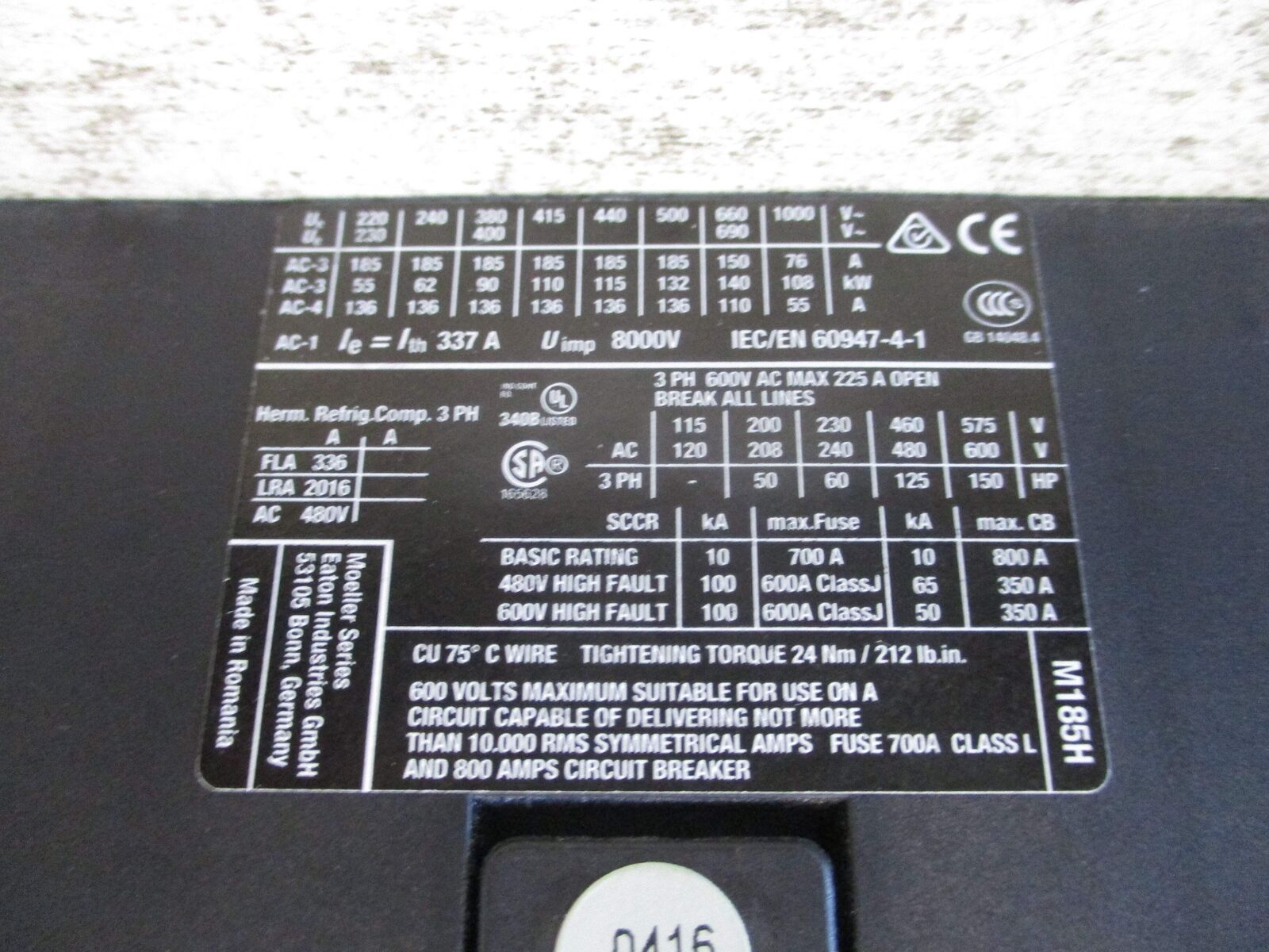 Eaton Contactor DIL M185A XTCE185H 48-60VDC Coil 225A 600V Used