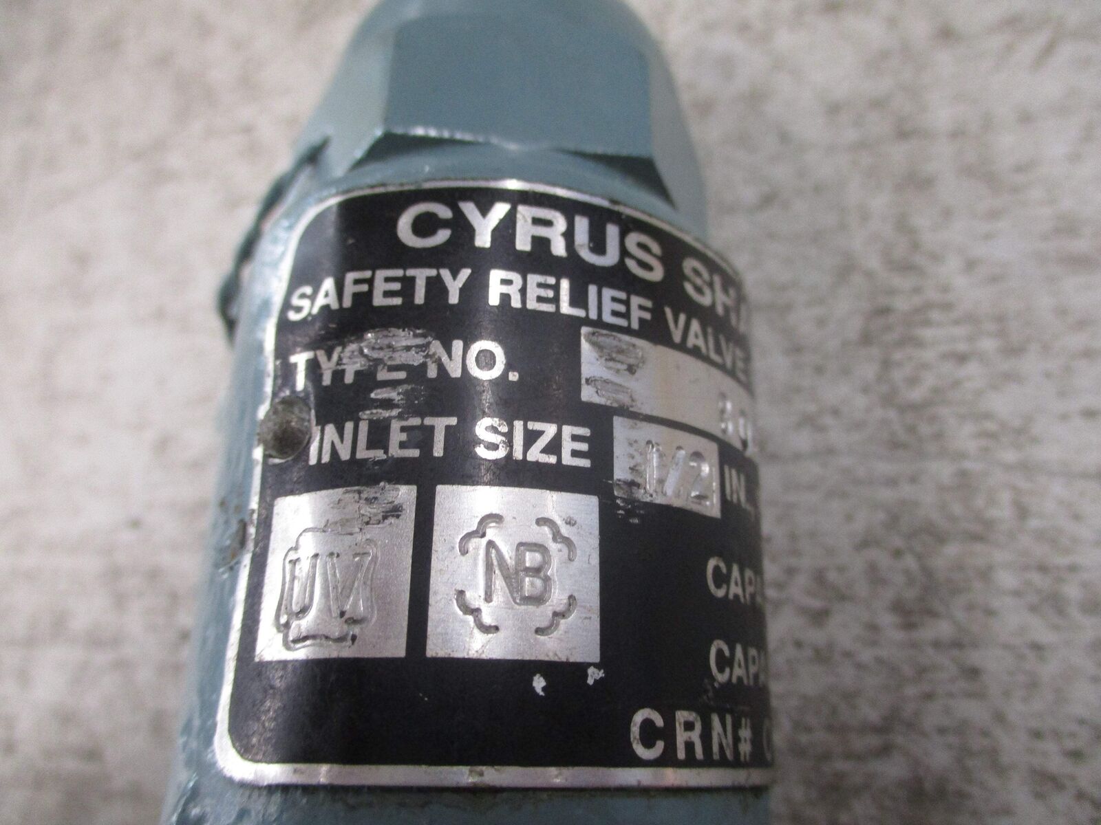 Cyrus Shank Safety Relief Valve 803 1/2" 300PSIG 689 SCFM Used