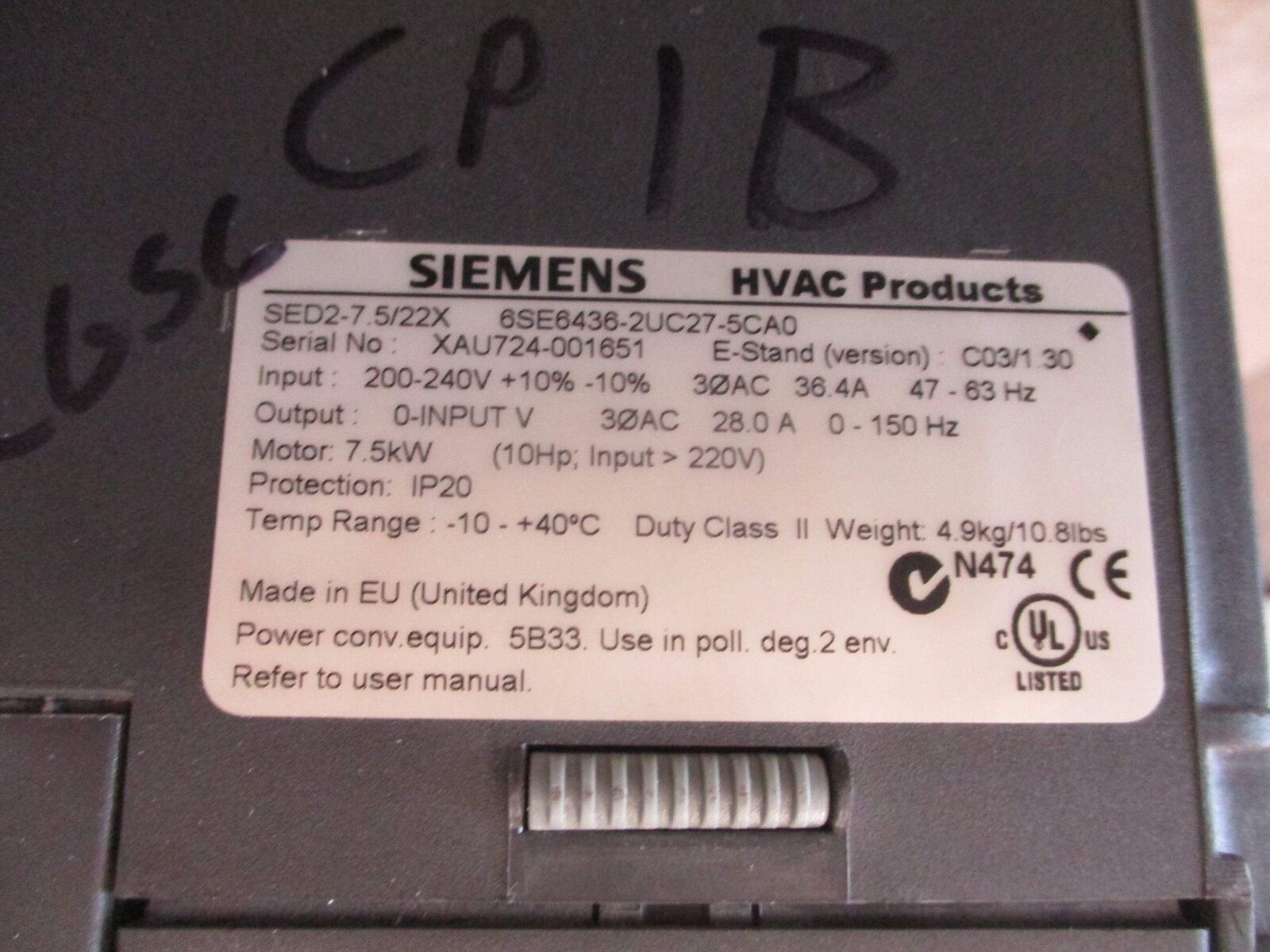 Siemens SED2-7.5/22X AC Drive 6SE6436-2UC27-5CA0 10HP 3Ph Input:200-240V +10%-10