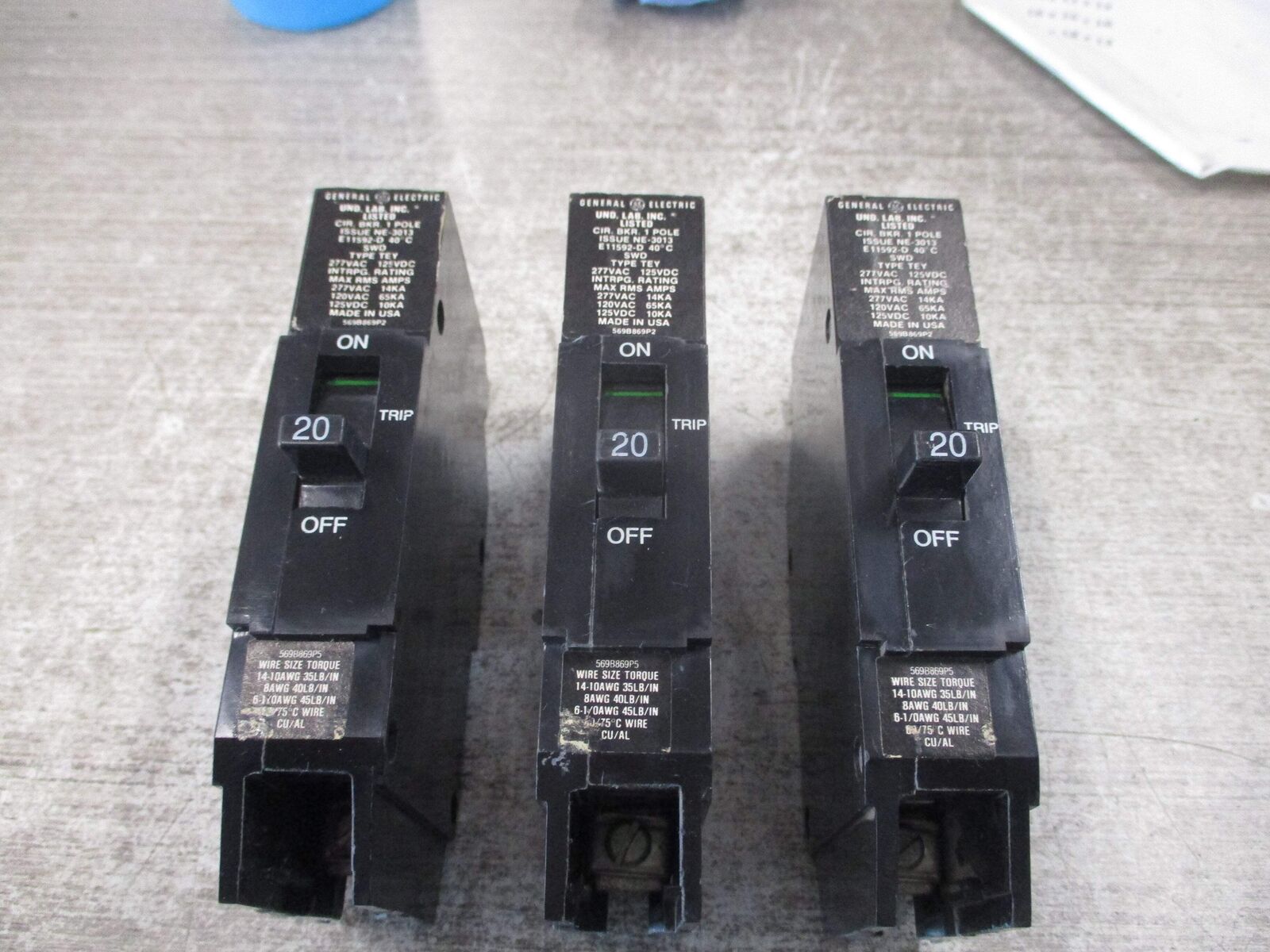GE Type TEY Circuit Breaker TEY120 20A 277V 1P *Lot of 3* Used