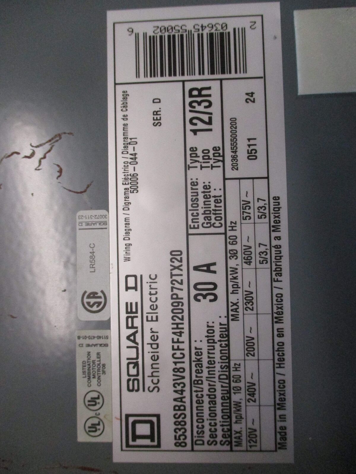 Square D Nema 12/3R Fusible Size 0 Combination 8538SBA43V81CFF4H209P72TX20 30A 4