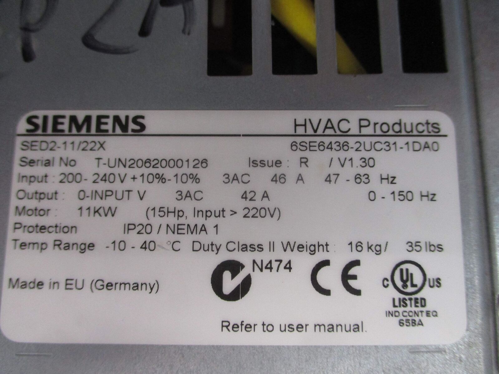 Siemens SED2-11/22X AC Drive 6SE6436-2UC31-1DA0 15HP 3Ph Input: 200-240V+10%-10%