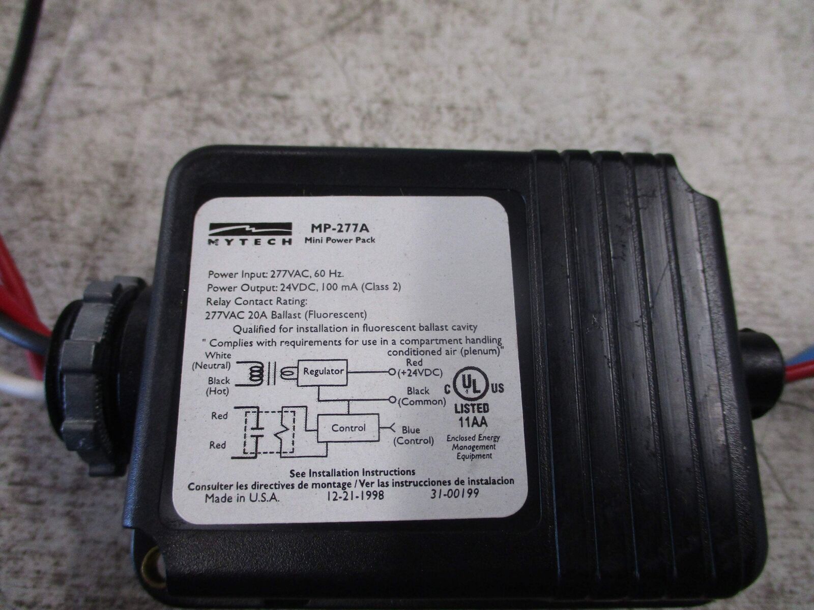 Mytech Mini Power Pack MP-277A Input: 277VAC 60Hz Output: 24VDC 100mA Used