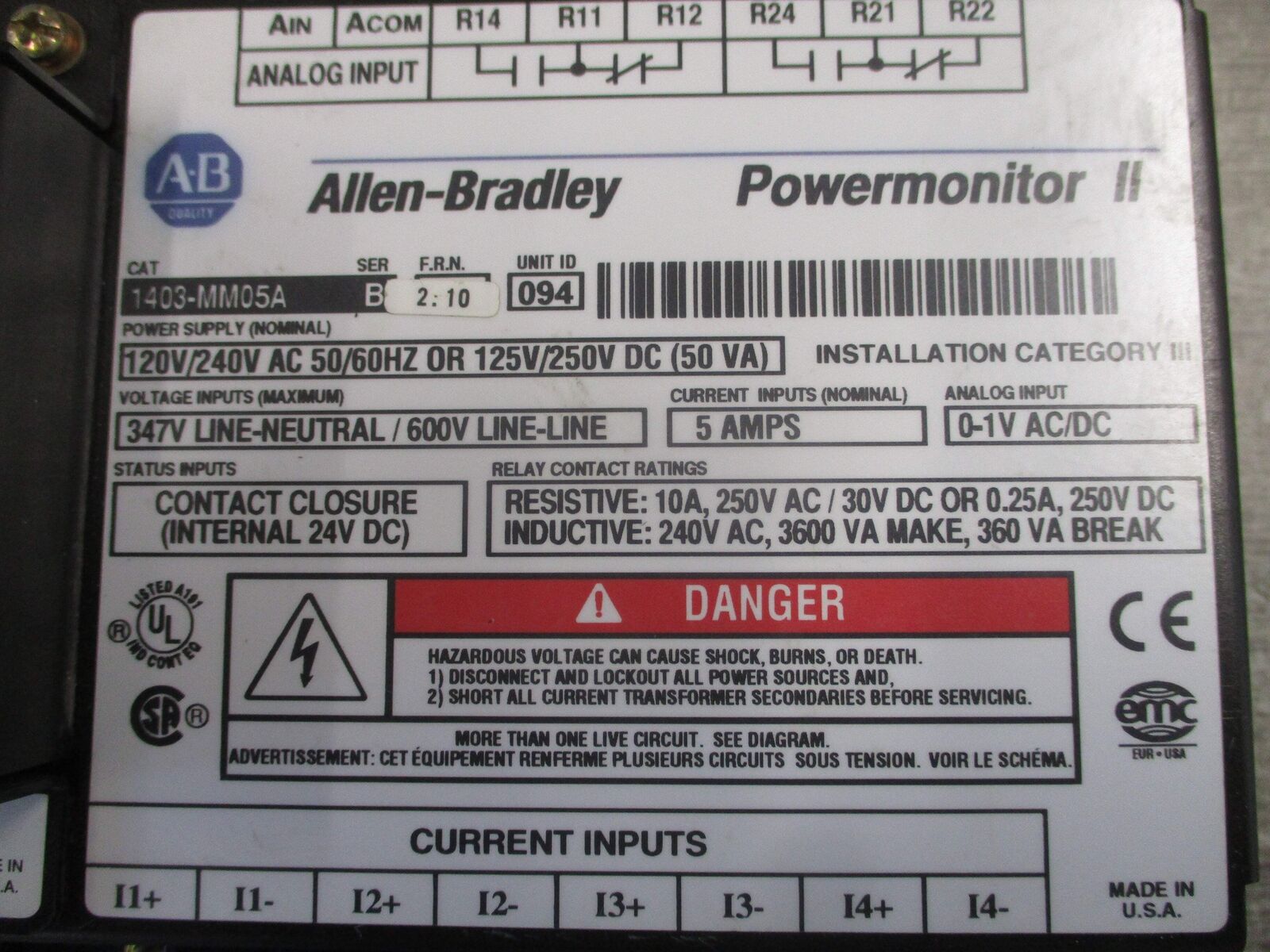 Allen-Bradley Powermonitor II Power Meter 1403-MM05A Ser. B FRN: 2.10 W/1403-NDN