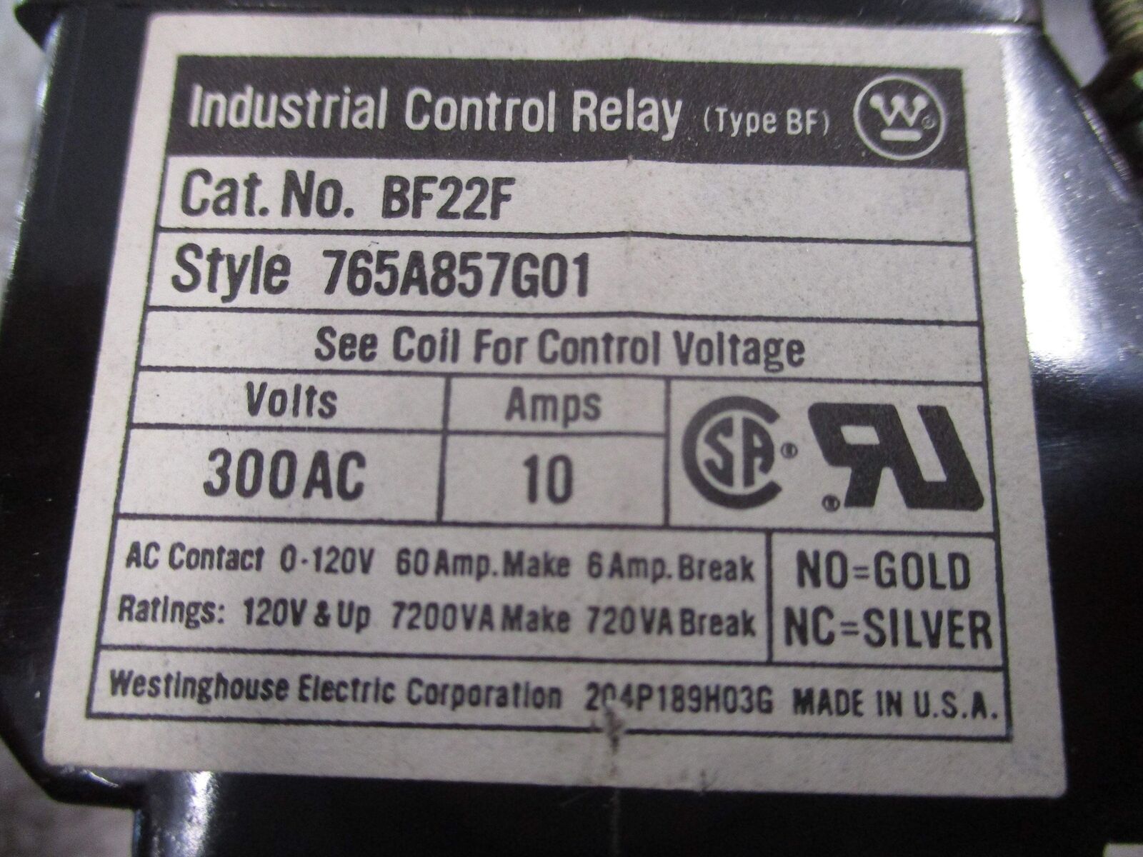 Westinghouse Control Relay BF22F Style 765A857G01 120V Coil 10A 300V Used