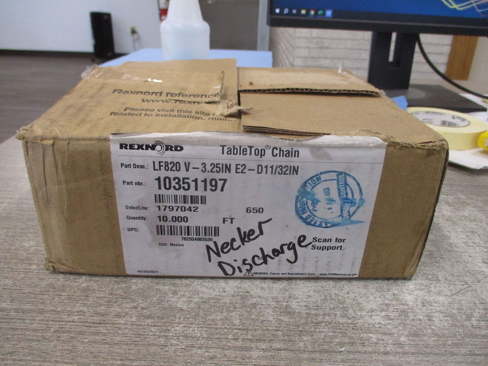 Rexnord TableTop Chain 10351197 LF820 V-3.25IN E2-D11/32IN Length: 10FT New Surp