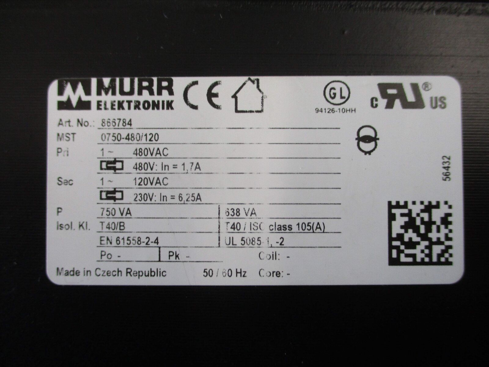 Murr Transformer 866784 750VA Pri: 480V Sec: 120/230V 50/60Hz New Surplus