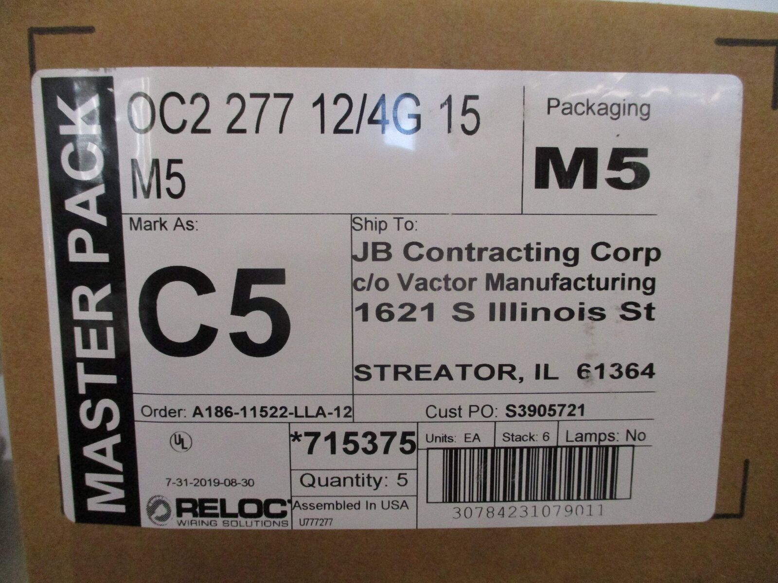 Reloc Onepass Cable 715375 OC2 277 12/4G 15 M5 277V Length: 15FT *Box of 5* New